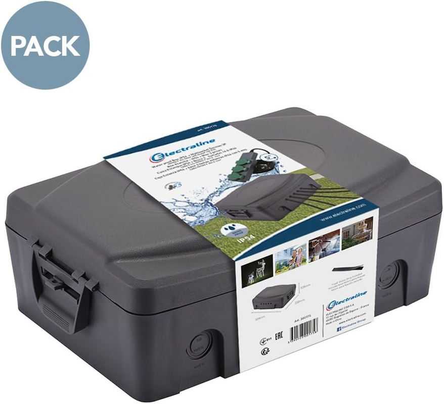 Electraline 300175 Outdoor Waterproof IP54 Protective Box with 3-Way Socket Strip, Black, Large