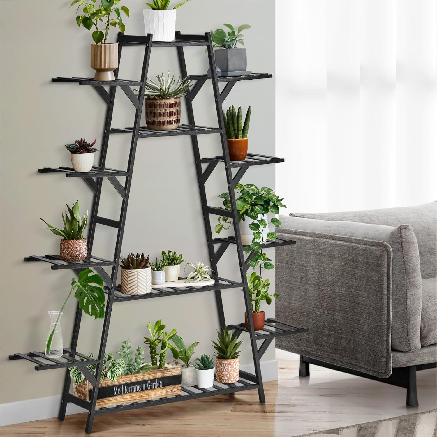 Livsip 12-Shelf A-Shape Black Bamboo Plant Stand image number 1