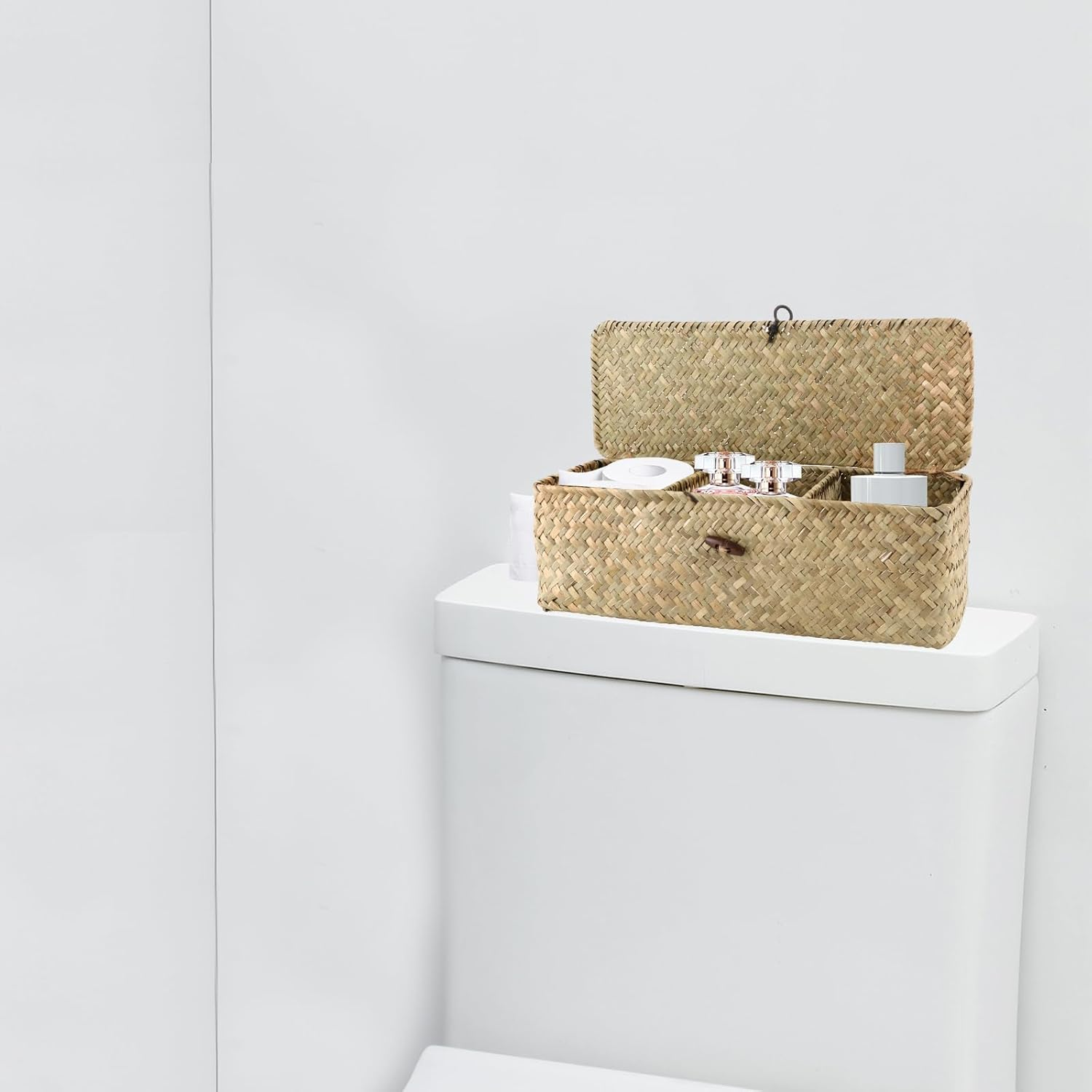 APACALI Pack of 2 Seagrass Storage Basket with Lid, Rectangular Rattan Storage Basket with Compartment, Natural Braided Baskets, Wicker Baskets for Shelves, Organisation of Natural Seagrass image number 5