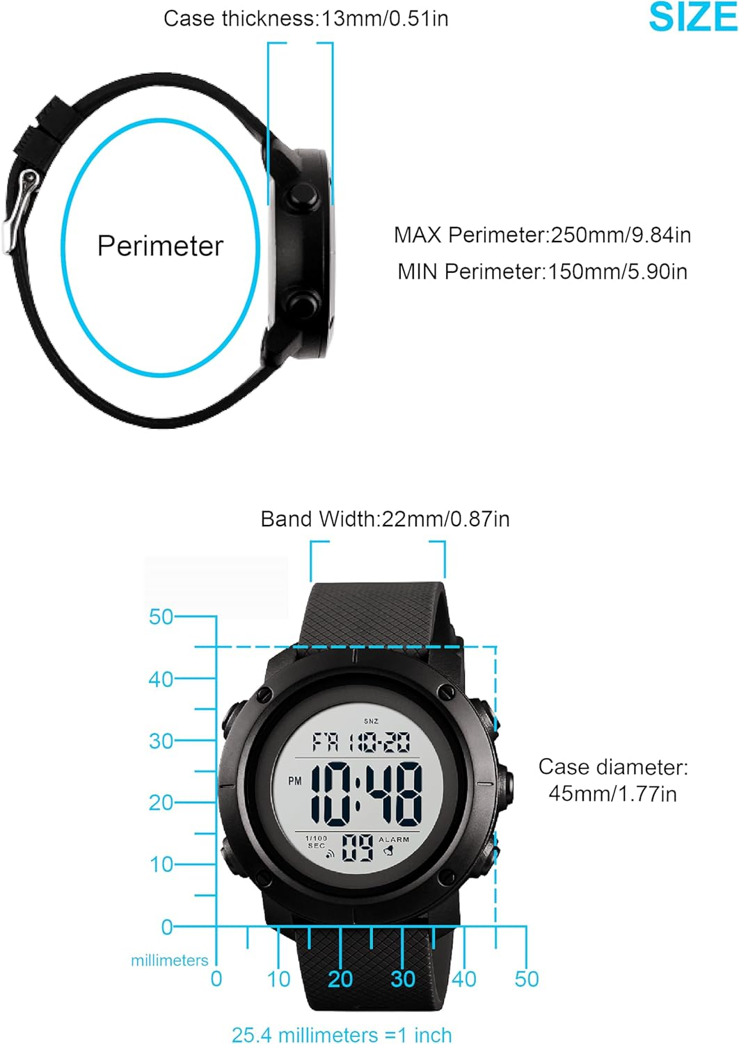 Big Boys Digital Watch Sports Teen Waterproof Military Back Light Watch for Teenagers Boys Ages 11-18 Black, BLACK, Digital