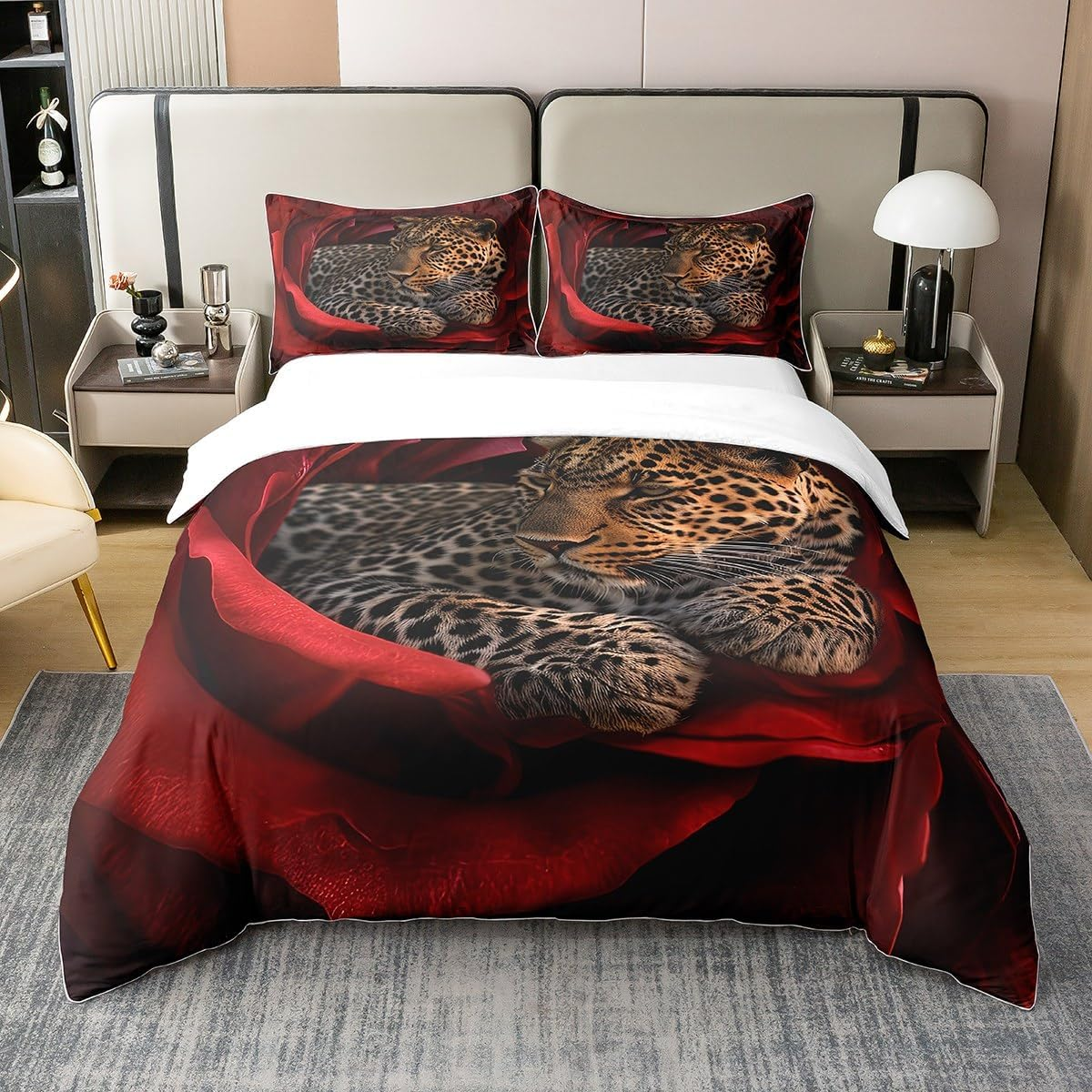 3D Leopard 100% Cotton Comforter Cover, 135 X 200 Cm, Cheetah Bed Linen Set, Leopard Print Rose Duvet Cover, Wild Animal Duvet Cover with 1 Pillowcase for Men Women, Black, Red, Bedroom Decor