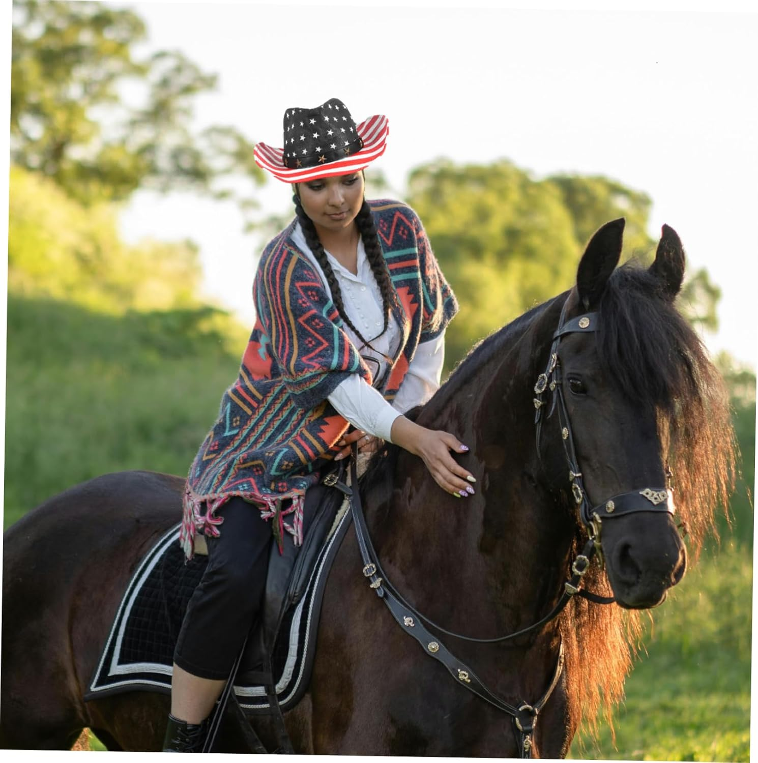 Healeved American Flag Cowboy Hat Patriotic Western USA Hat with Strap for Men Women Boys Memorial Day Party Supplies Outdoor Celebration Accessories image number 4