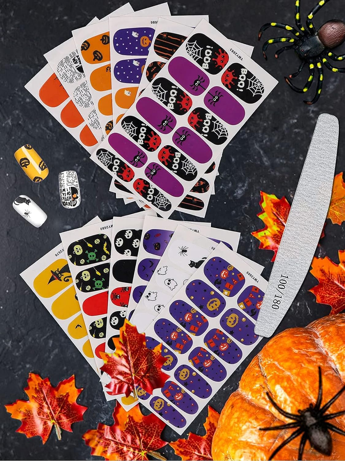 Luminous Halloween Nail Wraps Decal with Nail File, EBANKU Self-Adhesive Nail Art Sticker for Halloween Skull Pumpkin Spider Full Wraps Strips for Women Girls Party Nail Decorations image number 2