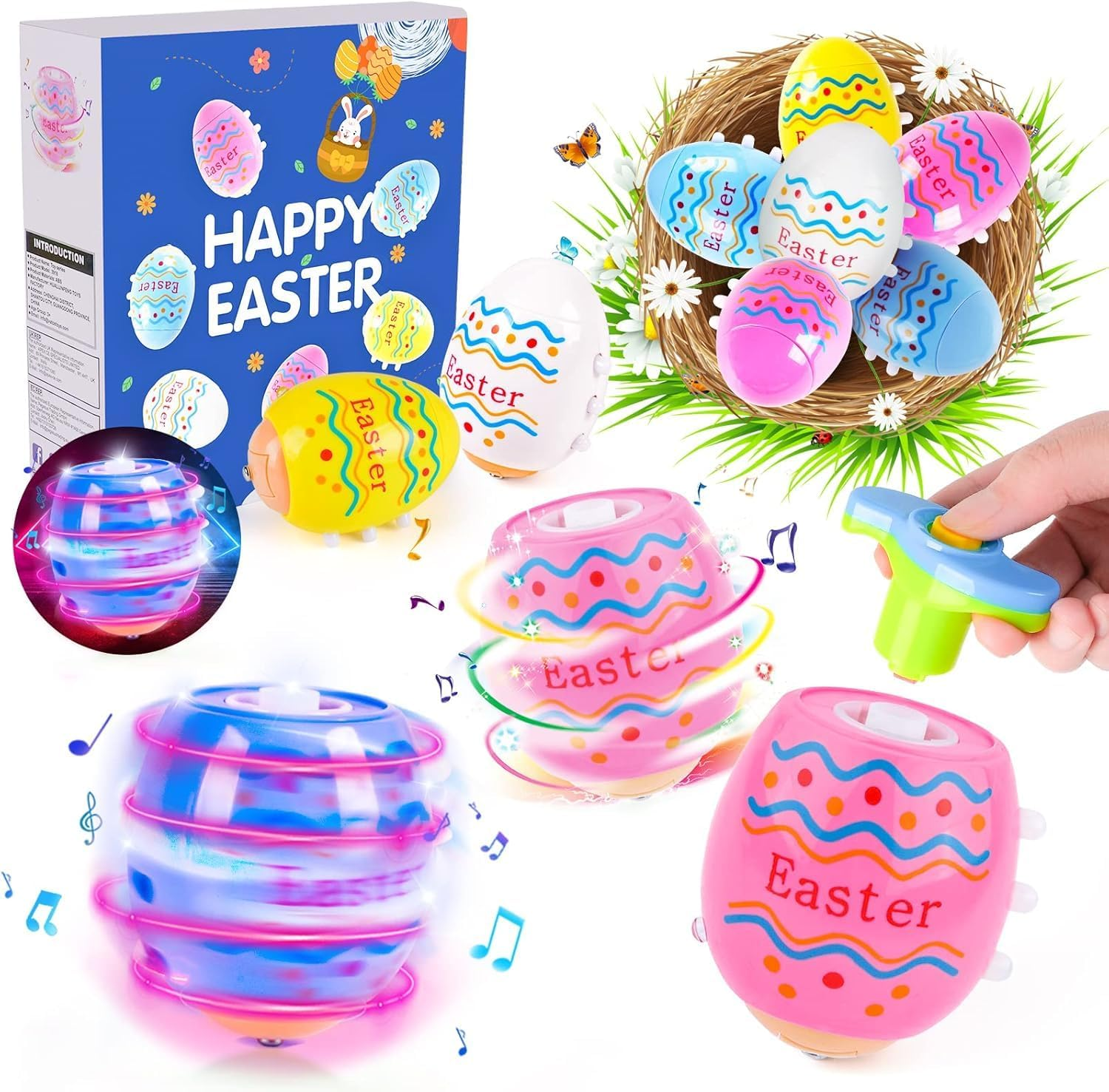 Easter Toys Eggs for Kids - 4 Pack Lighting & Spining & Singing Plastic Colorful Easter Toys Egss, Easter Basket Stuffers Party Favors Easter Toys Gifts for Kids 3+ Boys Girls image number 1