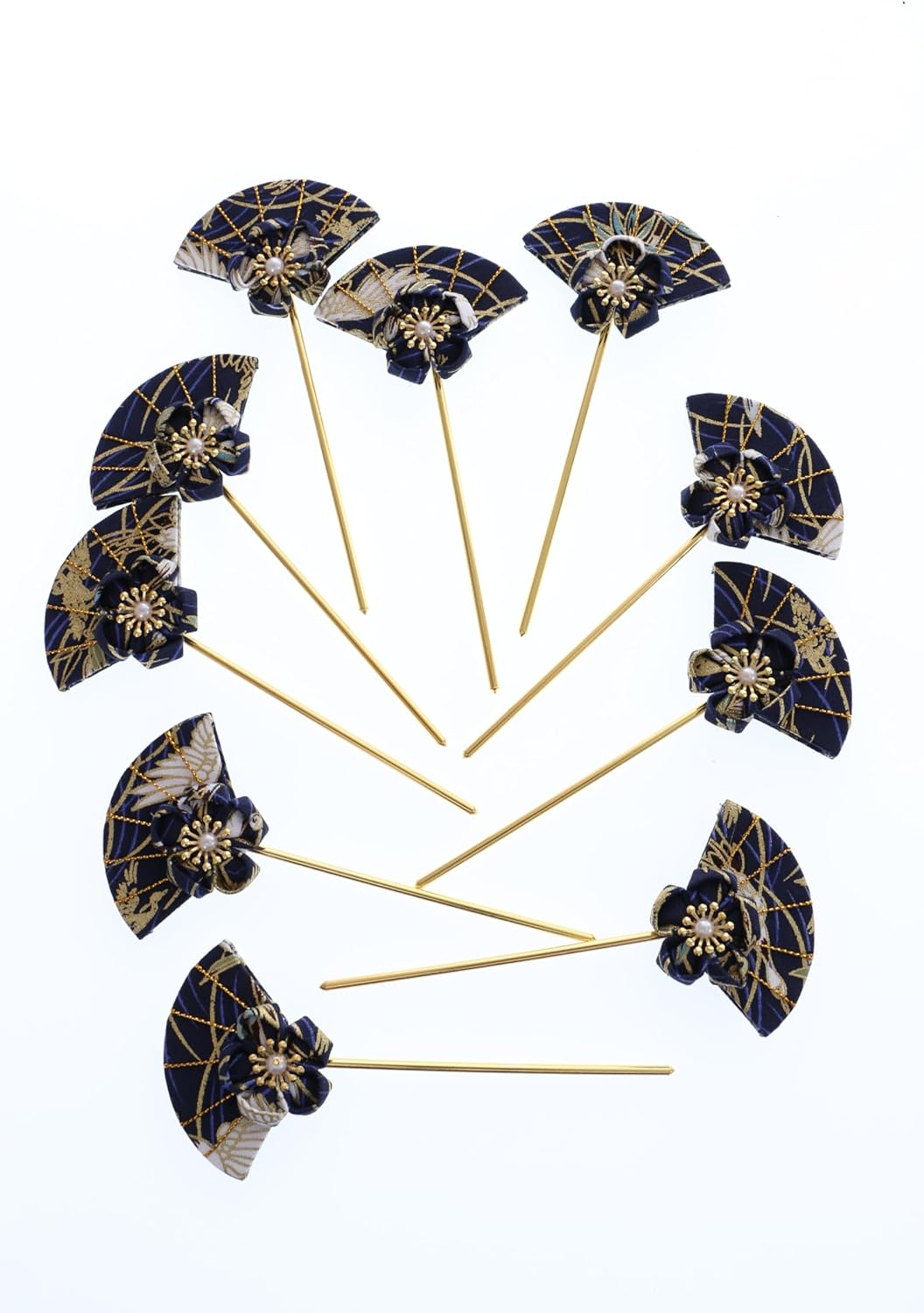 C-121-2 Dark Blue Hair Pin Fan Shape Pin Hair Pin Fabric Flower Sakura Japan Geisha Kimono Accessory image number 1