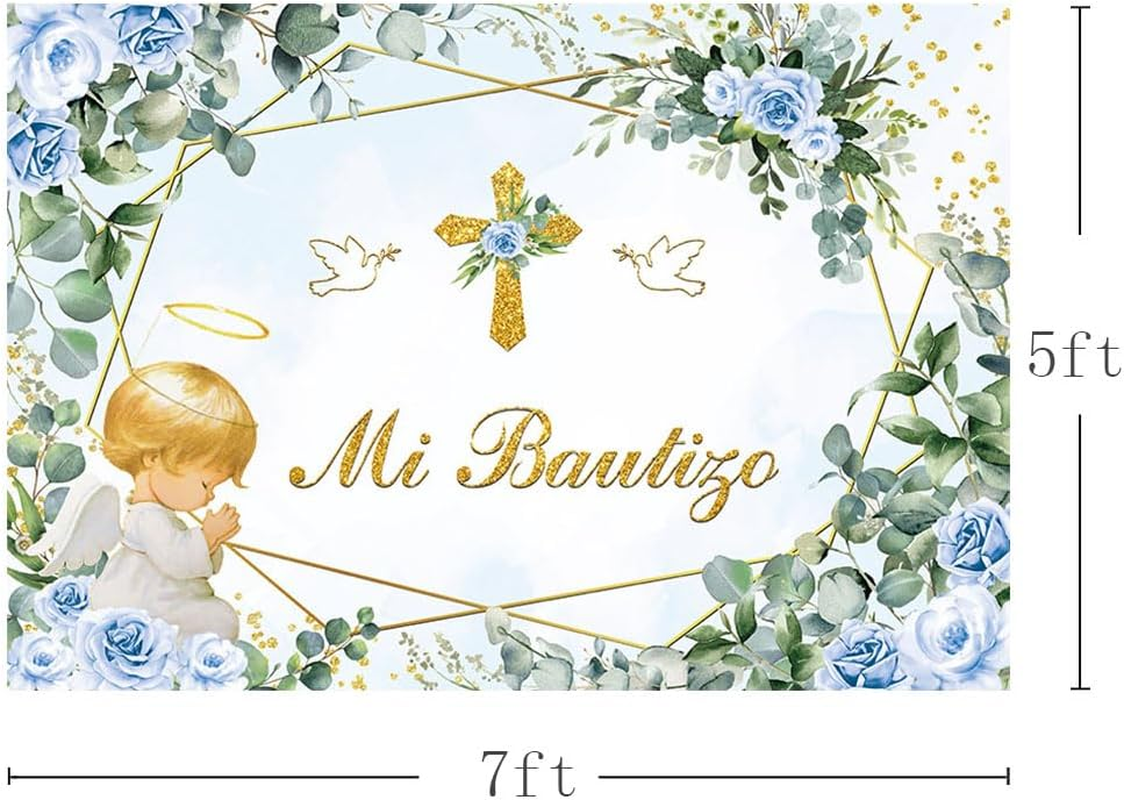 MEHOFOND 2.1 X 1.5 M Blue Boy Christening Background Angel Baby My Communion Cross Photography Background Dove Communion Church Christening Party Decoration Banner Studio Supplies image number 3