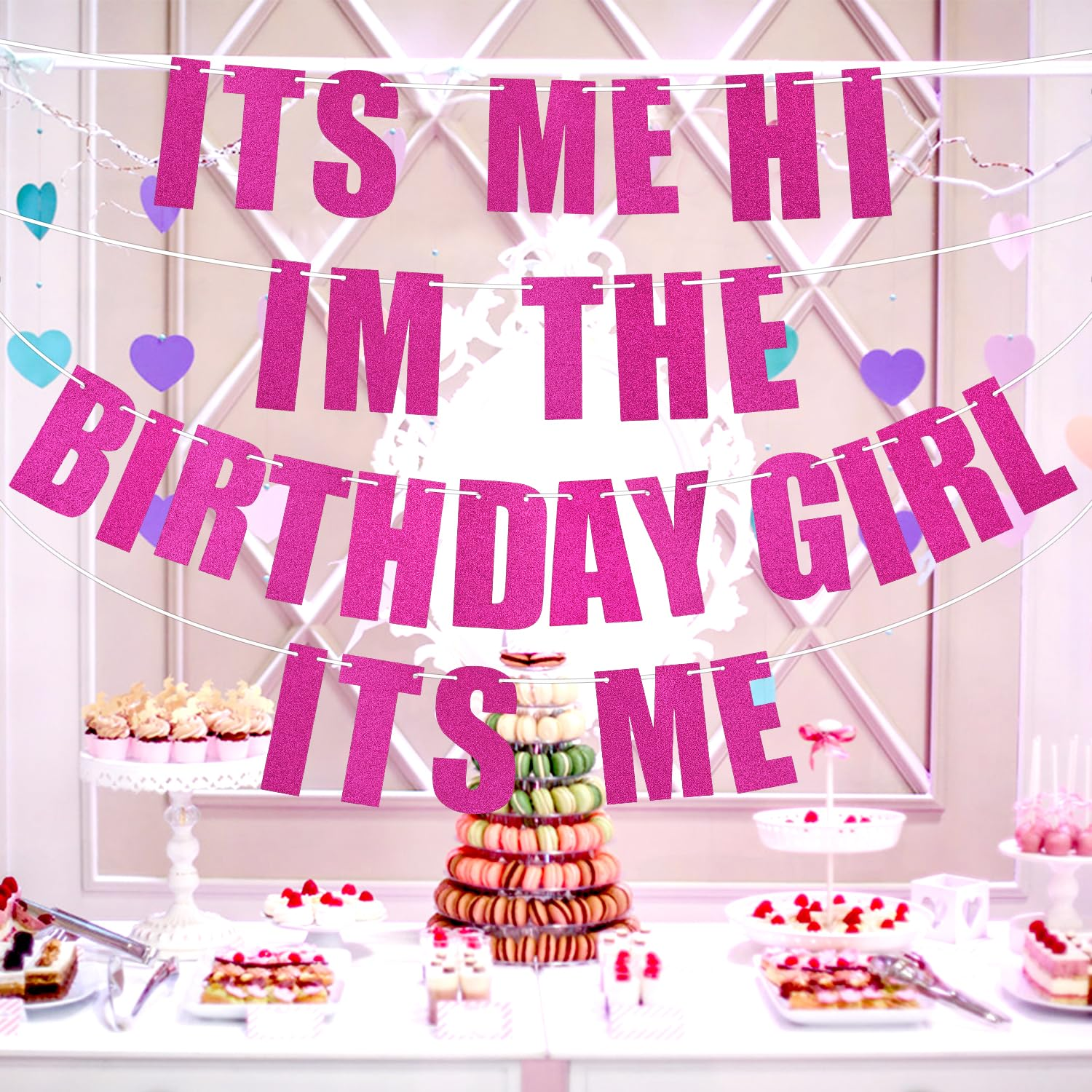 Pre-Strung It'S Me Hi I'M the Birthday Girl It'S Me Banner, Hot Pink Birthday Party Decorations Glitter Singer Party Garland Backdrop image number 3