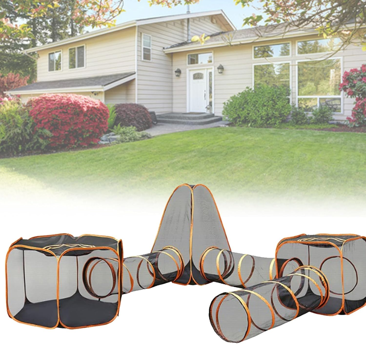 Outdoor Cat Enclosures with Cat Tunnel, 6 in 1 Pet Cat and Dog Tunnel Tent, Foldable Outdoor/Indoor Cat House - Rabbits Ferrets, Small Animals Pet Tent