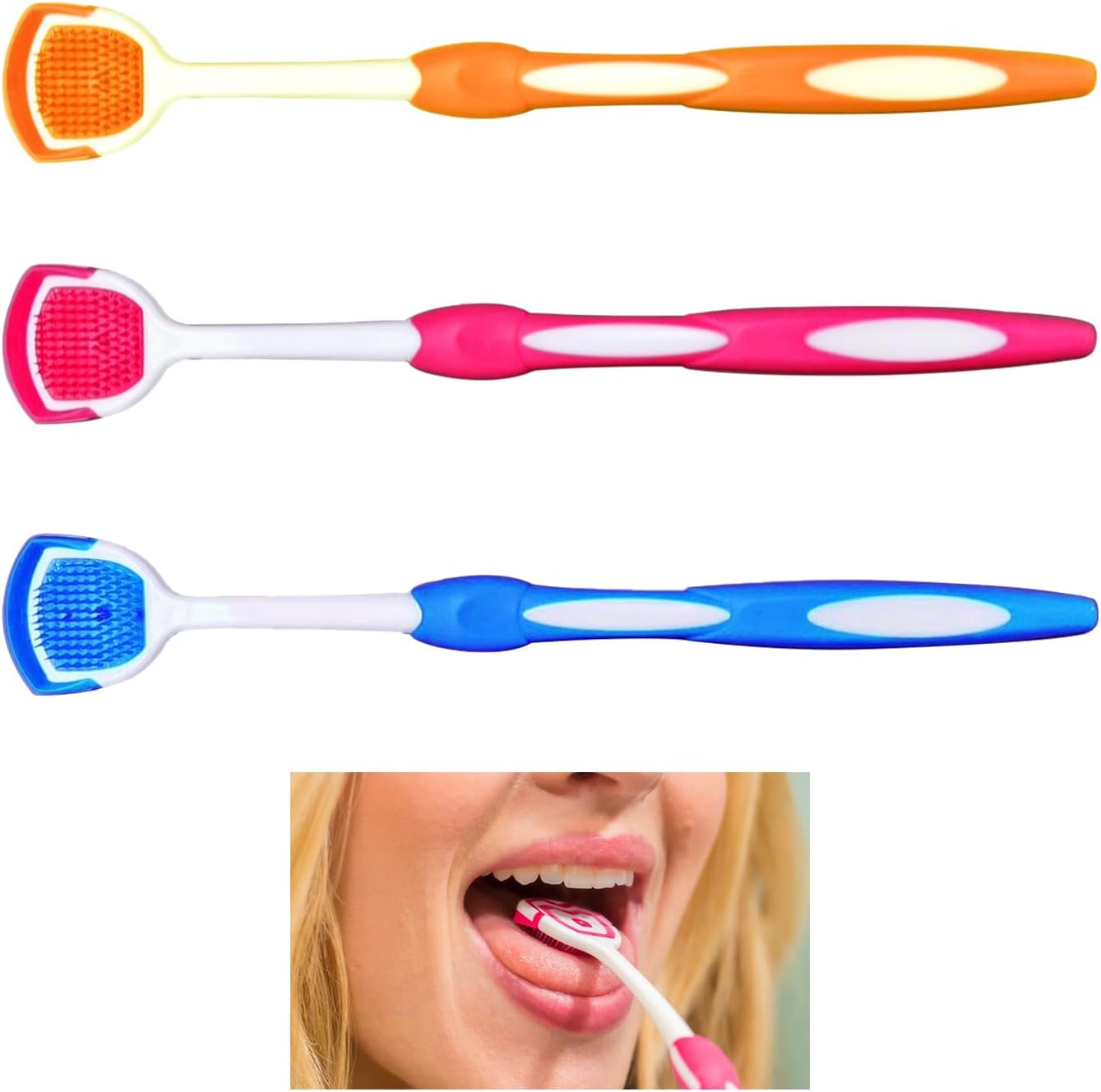Tongue Scraper, Tongue Cleaner, 3 Pcs Tongue Scrapers, Silicone Oral Brush Fight Bad Breath, Oral Care Individual Pack for Adults for Remove the Gunk and Breath Feeling Fresh (Blue & Orange & Red)​ image number 4