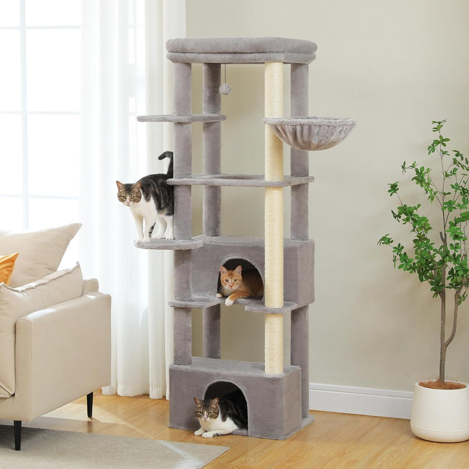 PAWZ Road Cat Tree for Large Cats, 170Cm Cat Tower for Indoor Kitten,Multi-Level Cat Furniture with Large Condo,Spacious Top Perch(53X43Cm), Cozy Hammock(Dia=35Cm), Cats Scratching Post. Grey - Grey image number 6