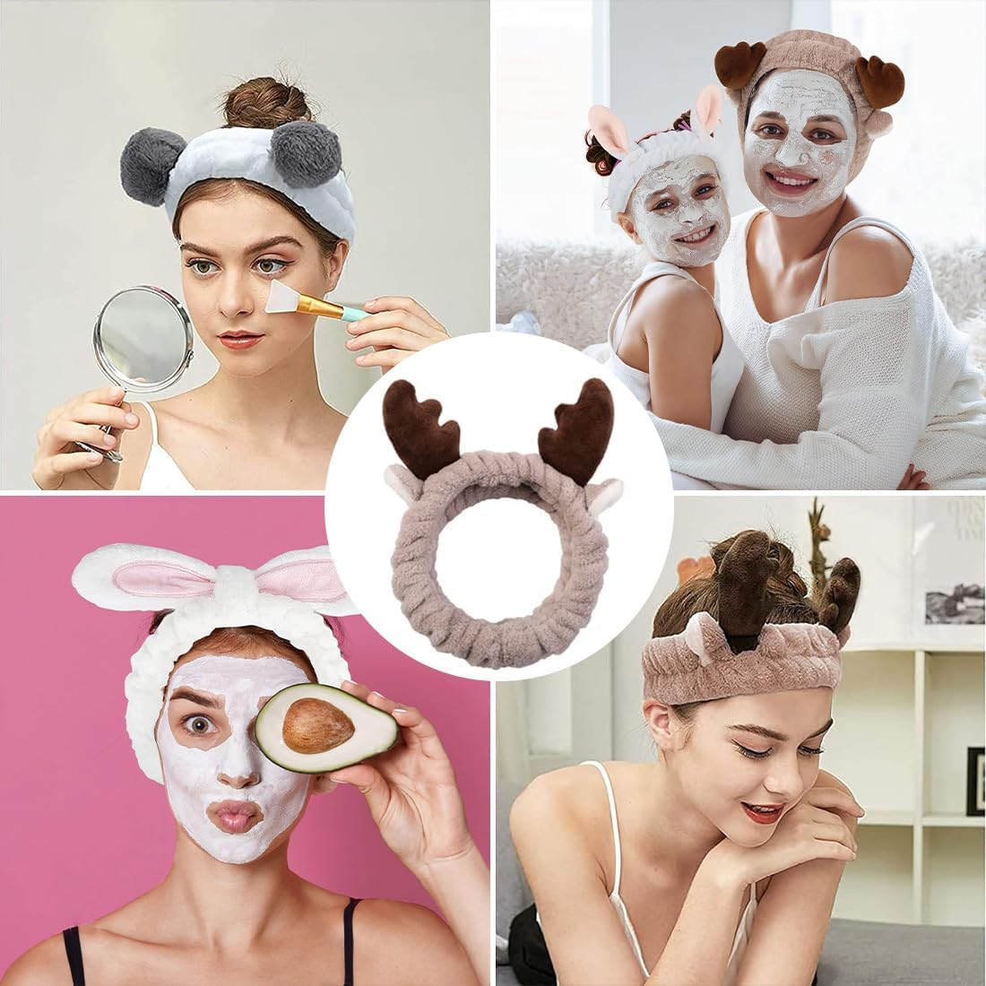 Aililong Pack of 4 Plush Hair Bands + Face Mask Brush Set, Make up Hair Band for Women, Elastic Make-Up Headband for Face Washing, Showering & Sports (Blue, White, Grey, Black and White) image number 3