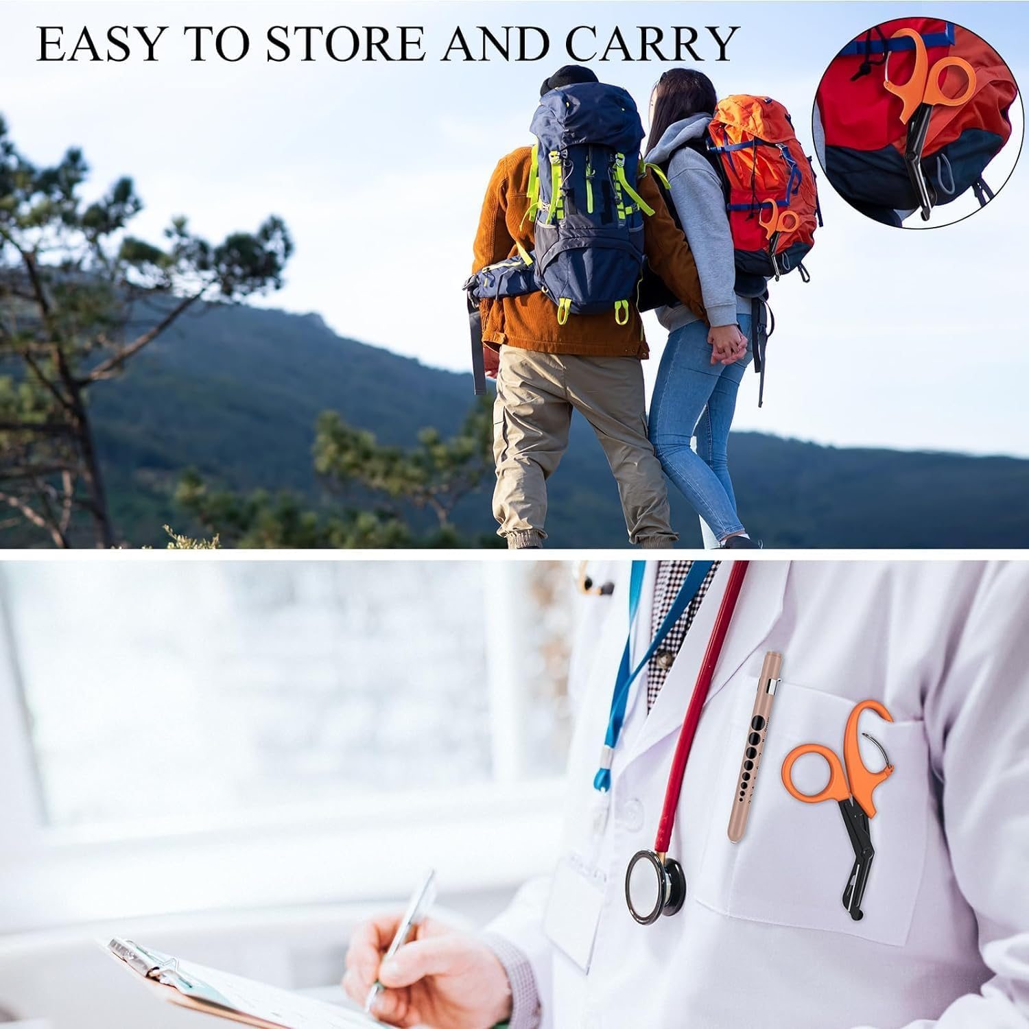 Medical Scissors with Carabiner, 7" Bandage Scissors Trauma Shears, Fluoride Coated Non-Stick Blades Stainless Steel Shears for Doctor, Nurses, Nursing Students (Orange) - Black image number 2