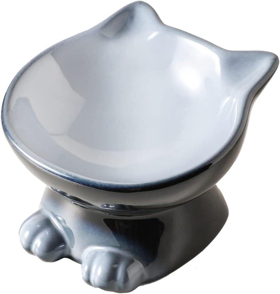 Nihow Slanted Elevated Cat Bowls: 5 Inch Ceramic Raised Cat Food Bowl for Protecting Pet'S Spine - Microwave & Dishwasher Safe -Elegant Blue & Black (4.5 OZ /1 PC)