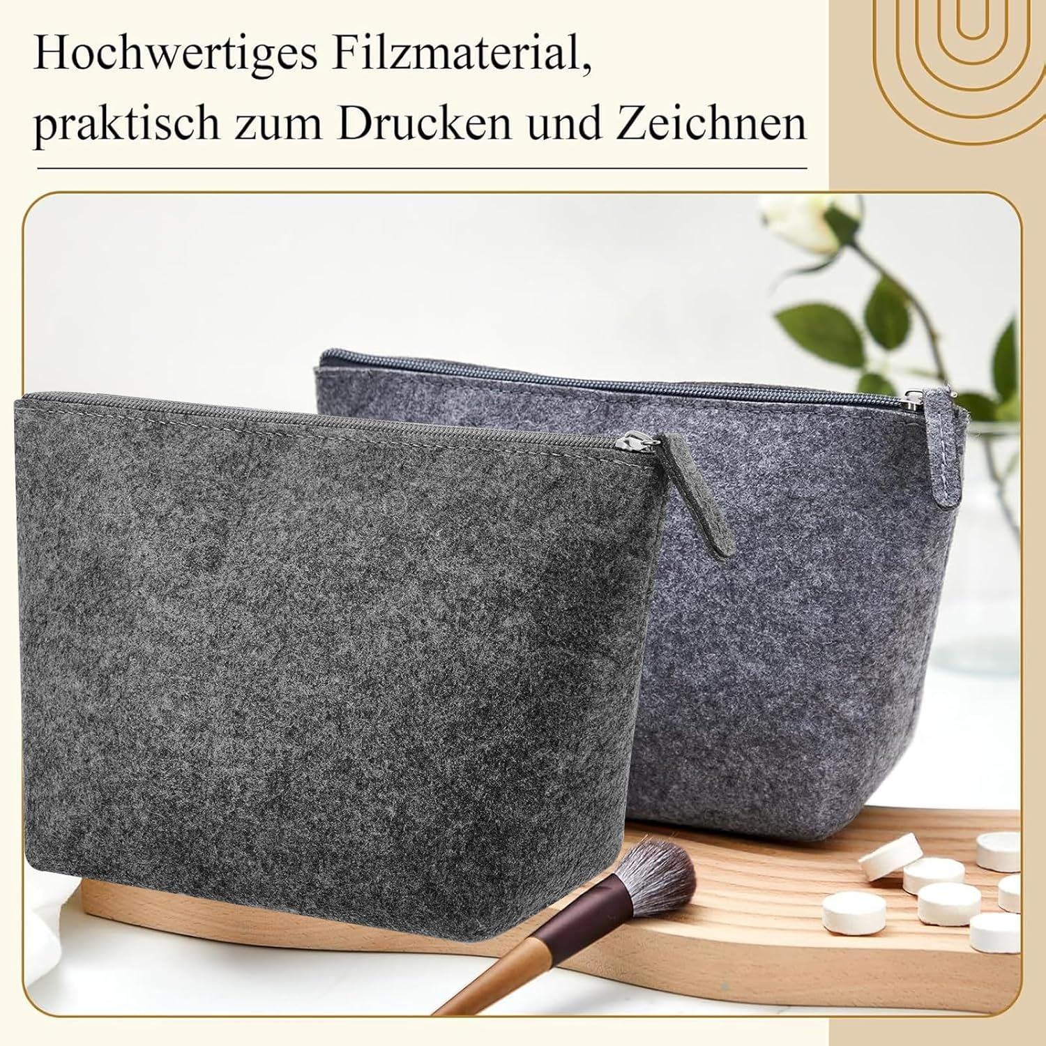 Hshenjhu Set of 3 Felt Cosmetic Bags for Plotting 20 X 16 Cm Portable Cosmetic Bag Organiser, Felt Pencil Case, Ideal Travel and Storage Storage Bags, Gray image number 2
