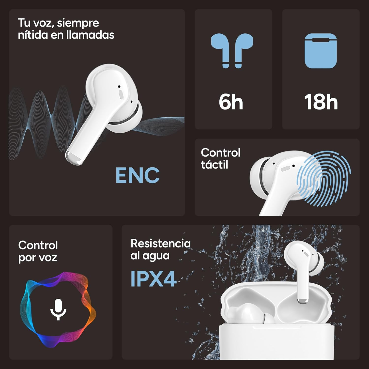 KSIX Orion 2 Wireless Headphones, TWS, ENC Noise Cancellation, Dual Microphone, Touch Control, Voice Assistant, Calls, USB-C Charging Case, Autonomy 6 Hours + 18 Hours, IPX4, White
