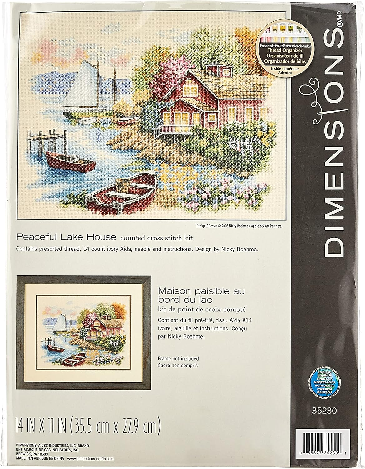 Dimensions 'Peaceful Lake House' Counted Cross Stitch Kit, Ivory Aida, 14" X 11", 14 Count image number 5