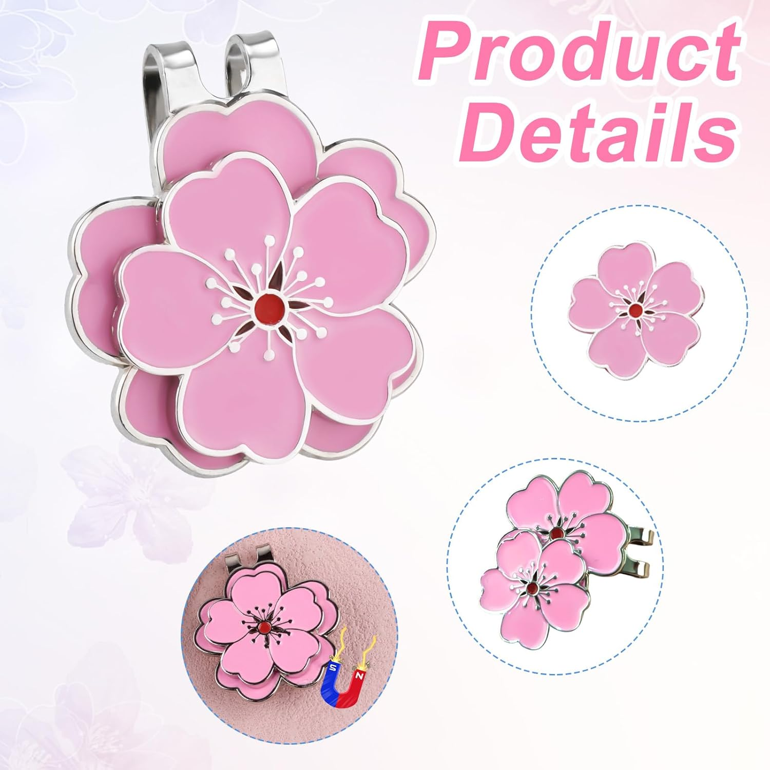 2Pcs Magnetic Golf Hat Clip Set, Pink Magnetic Golf Ball Marker Hat Clip Ball Marker Accessories for Men Women Golfer(Bow & Flower Style) image number 1
