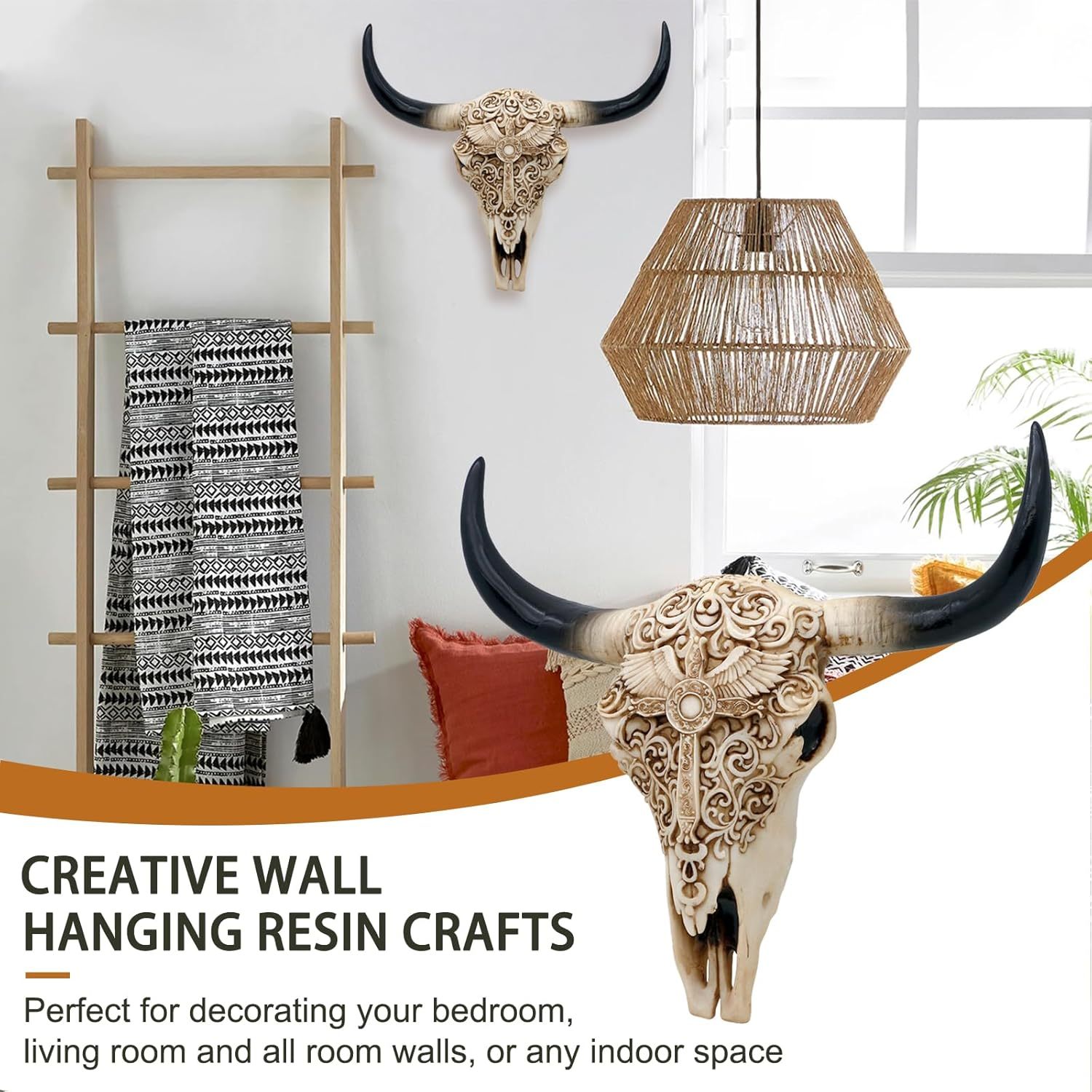 Western Cow Skull Wall-Decor - 12.2&rdquo;Long Realistic Animal Head Wall Hanging Art Boho Cross Steer Bison Buffalo Bull Cow Horned Skull Home Wall Decor image number 3
