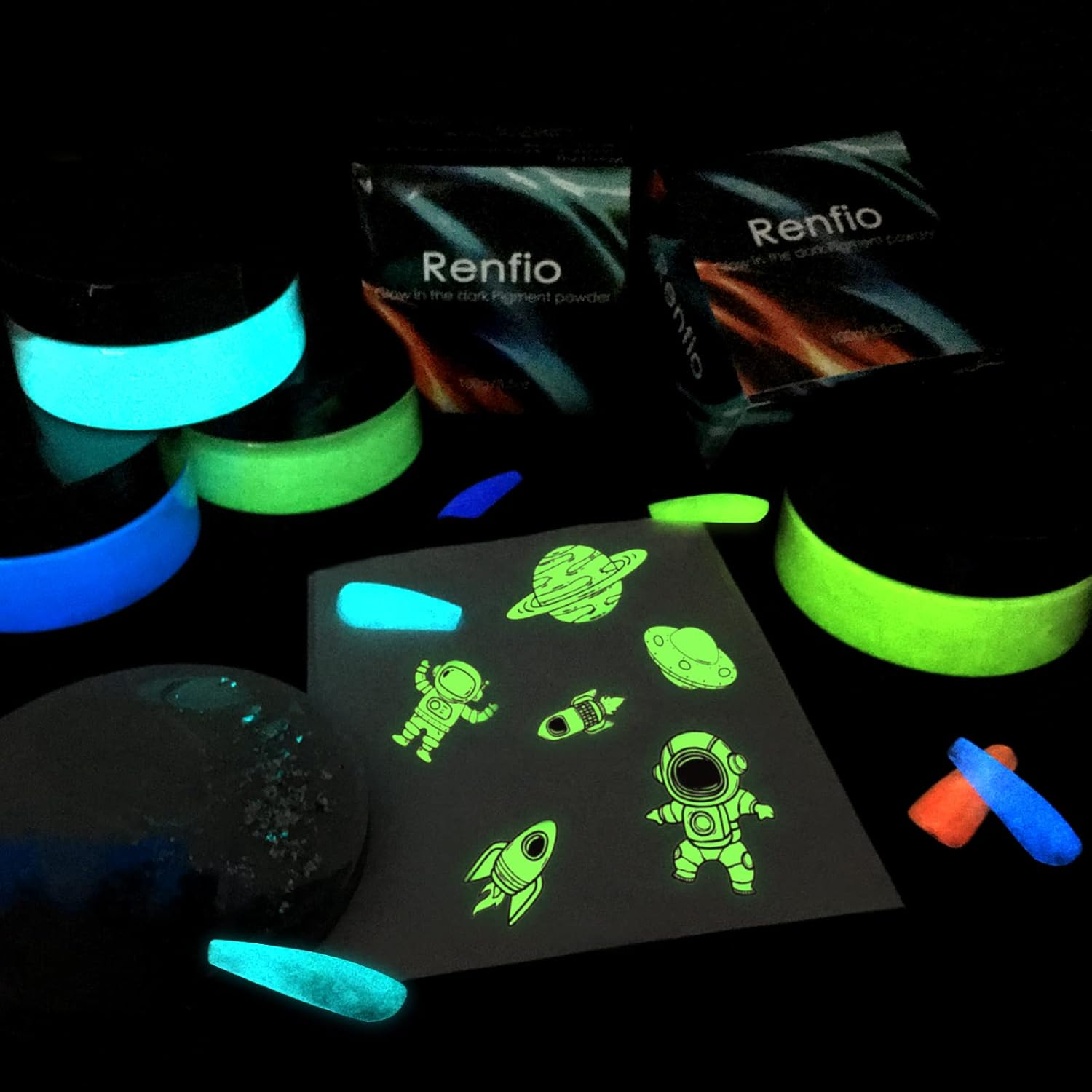Renfio 3.5Oz/100G Glow in the Dark Pigment Powder, Luminous Powder Resin Color Pigment, Fluorescent Pigment Dye for Epoxy Resin, Slime, Acrylic Paint, Nail, Fine Art - White to Mint - Fluorescent Orange image number 2