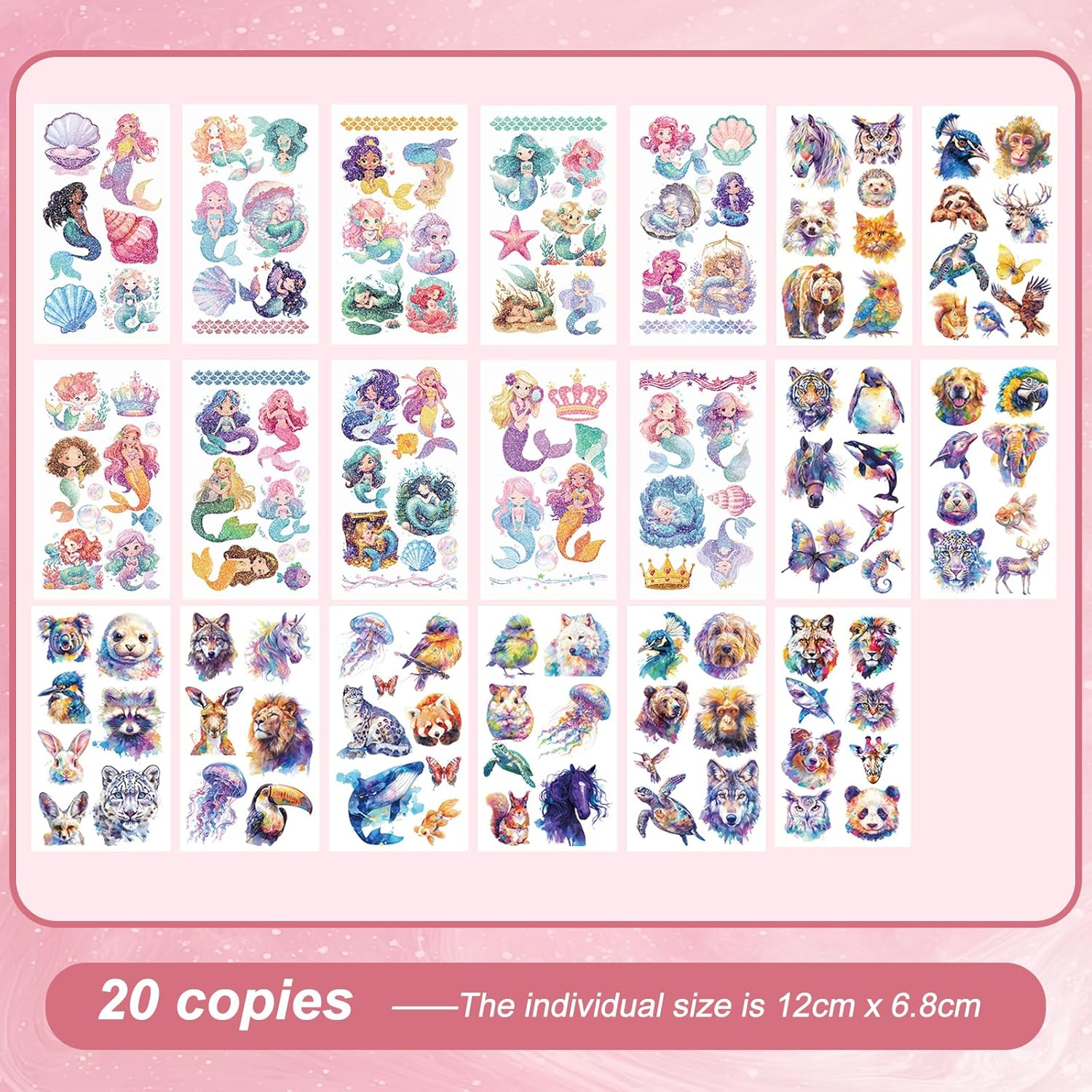 20 Sheets Temporary Tattoos for Children, with Watercolour Animals and Glitter Tattoo Mermaid, Easy to Paste Children'S Tattoos for Boys and Girls Such as Parties and Festivals
