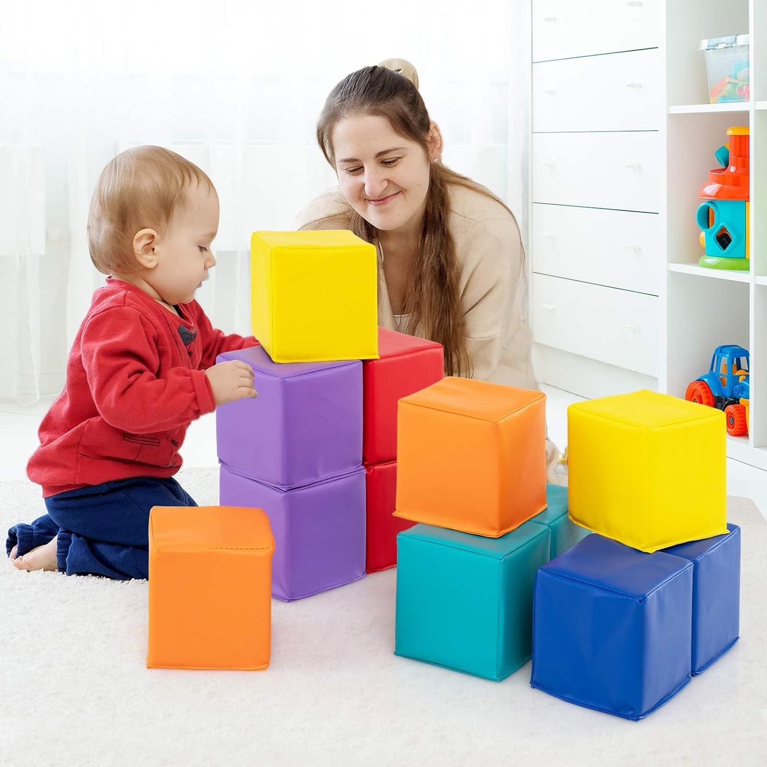 Costway 12 PCS Foam Building Blocks, 14 X 14 X 14 Cm Colorful Climbing Foam Soft Cubes for Kids, Stacking Block Set Throwing Toys for Toddlers