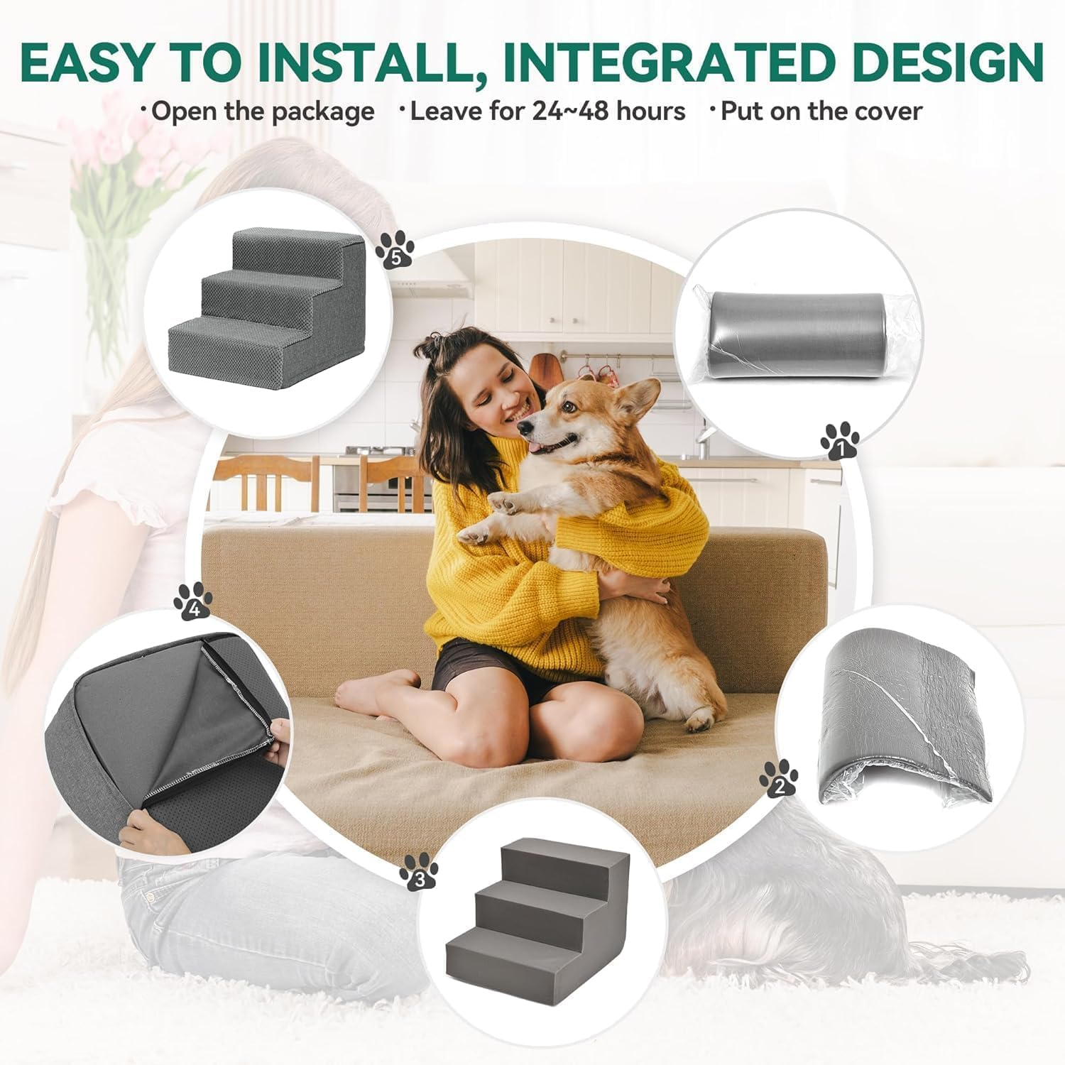 Dog Steps, for Bed and Couches, 3 Tier Dog Stairs for High Bed Couch Sofa, 35D Sponge Pet Steps for Small Dogs and Cats, Non-Slip Bottom Pet Stairs, Grey image number 6