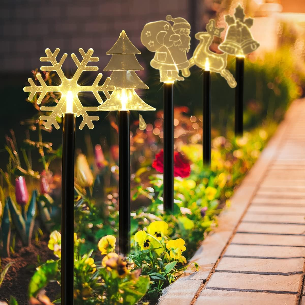 5 Pack Outdoor Solar Garden Pathway Stake Decorations Lights, Landscape Reindeer Santa Claus Christmas Tree Bell Lights Yard Lawn Walkway Winter Holiday Decor, Xmas Ornament Gifts(Combined Type) image number 2