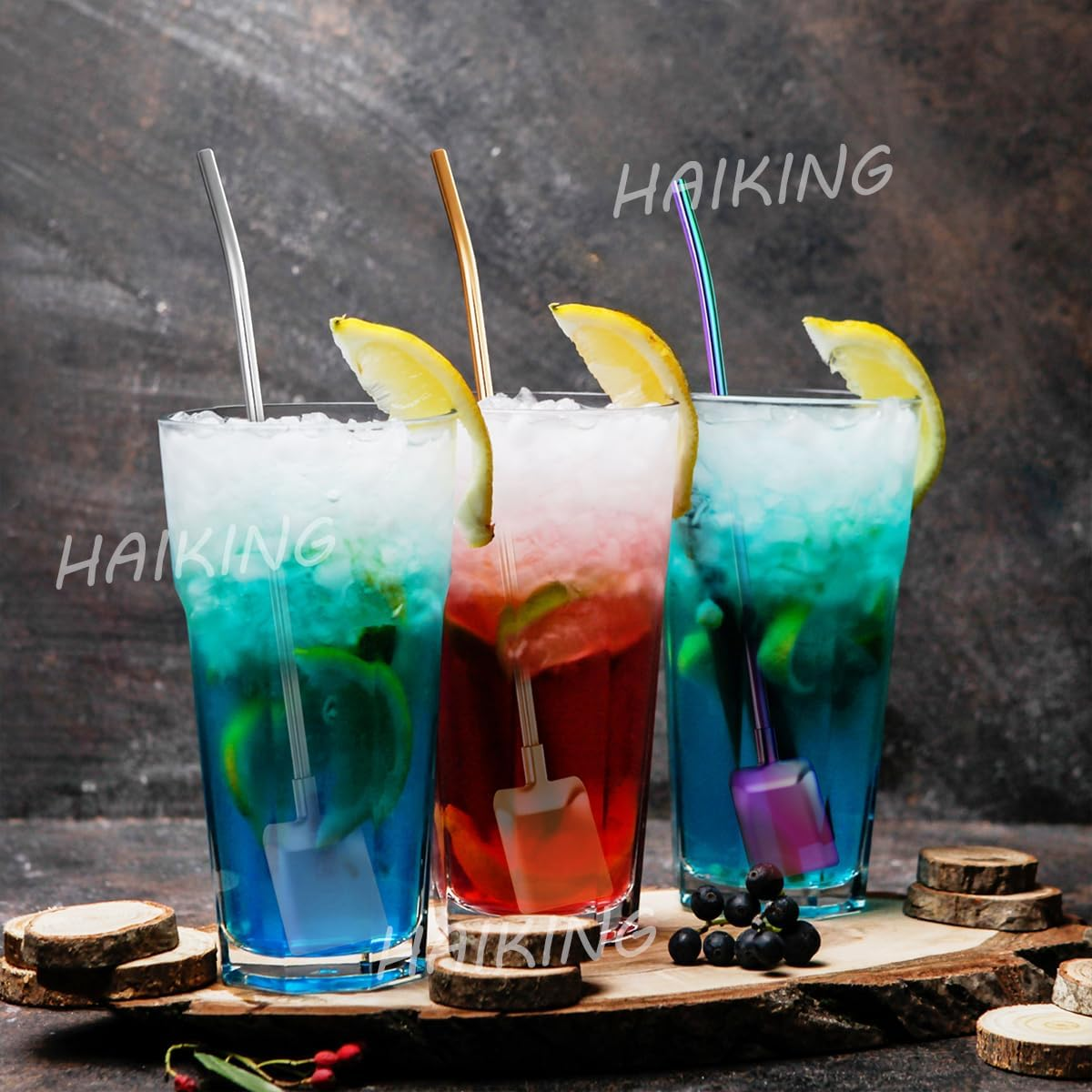 HAIKING Reusable Drinking Spoon Straws, 8 PCS Stainless Steel Spoon Straws with 2 Brushes for Coffee, Smoothie, Milkshake, Ice Cream (4 Colors)