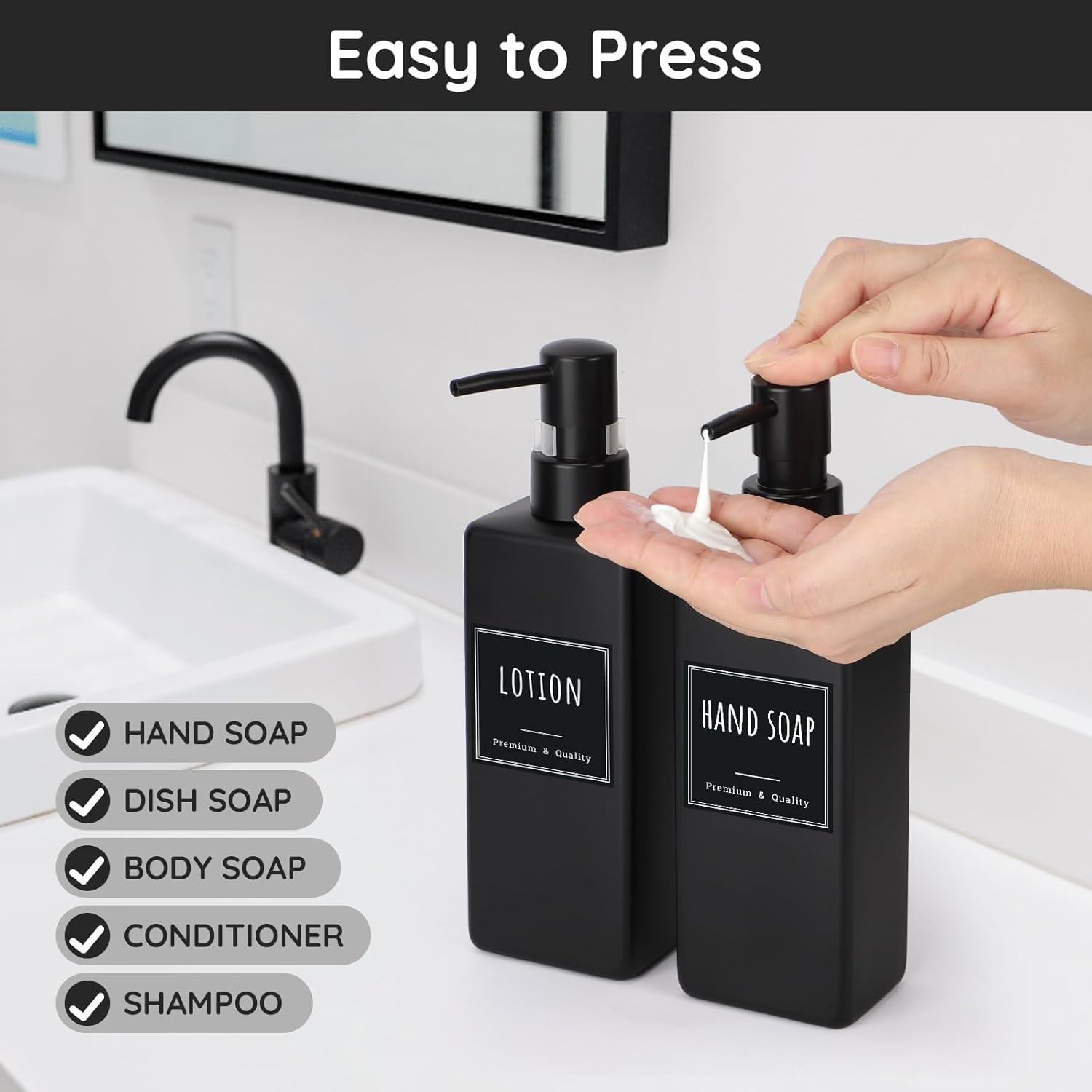 Segbeauty Shampoo and Conditioner Dispenser, 3Pcs 500Ml Hand Soap Dispenser, Pump Bottle Dispenser, Refillable Dish Soap Dispenser, Black Soap Dispenser with Labels image number 3