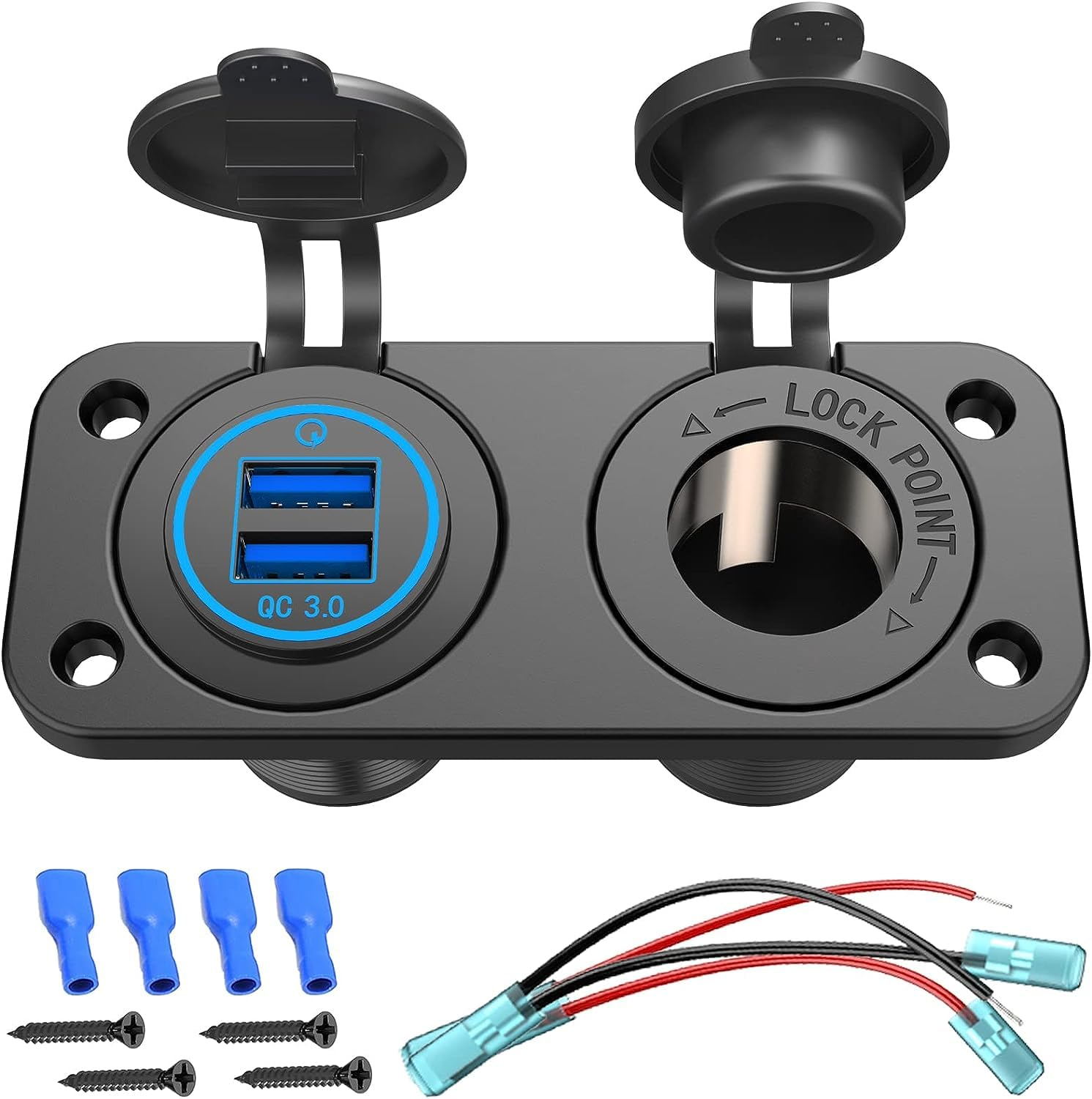 LH-QC 3.0 USB Outlet 12V Boat Marine Waterproof Cigarette Lighter Socket Splitter 12 Volt DC Power Charger Adapter DIY Kit with Blue LED Dual USB Ports for Rocker Switch Panel on Car RV Golf Cart ATV image number 3