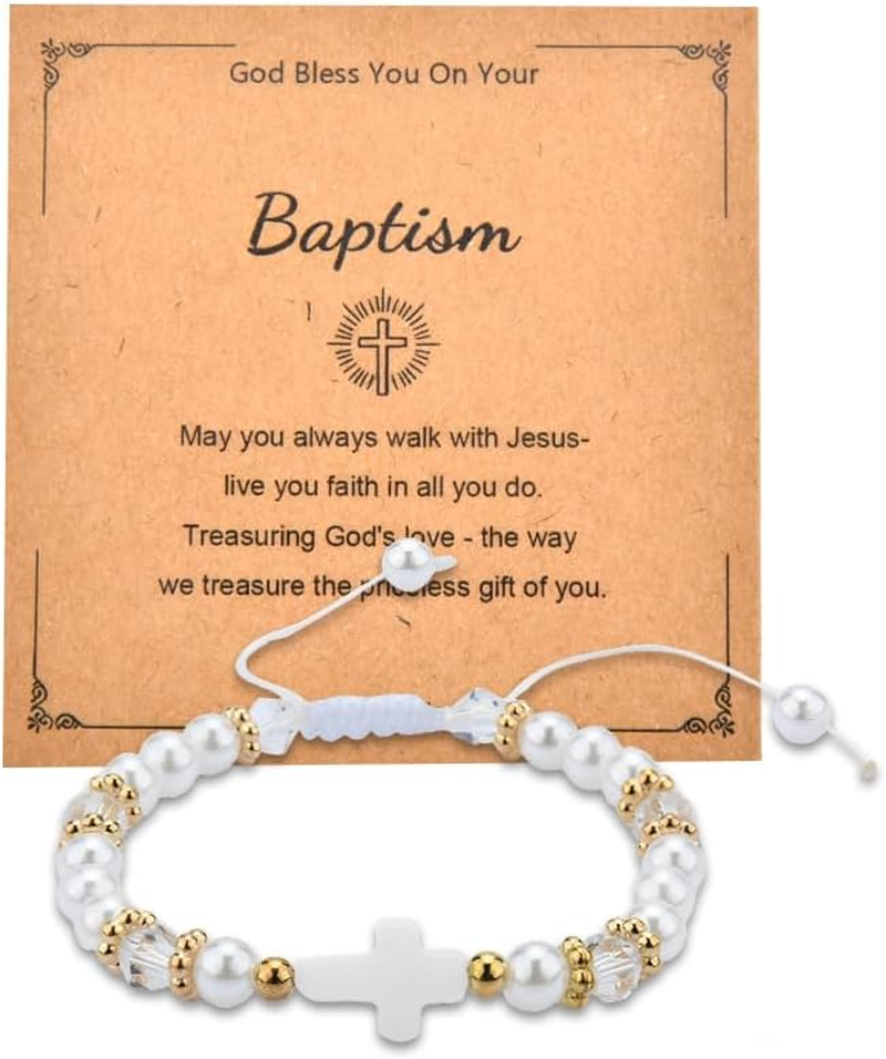 Christian Gifts for Girls First Communion Baptism Gifts for Girls Pearl Cross Bead Bracelet with Card