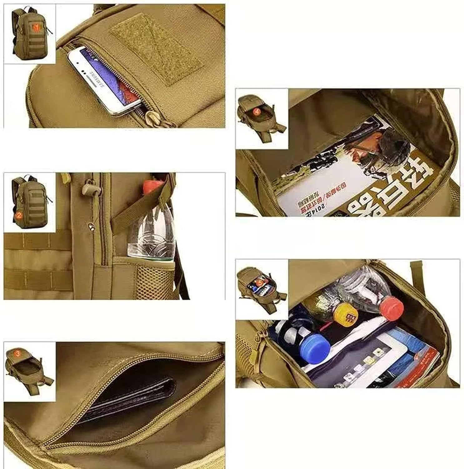 Military Tactical Daypack Molle Rucksack Student School Rucksack Men,15L Waterproof Small Backpack Sport Travel Backpacks Camping Fishing Hunting Bags,Khaki image number 3