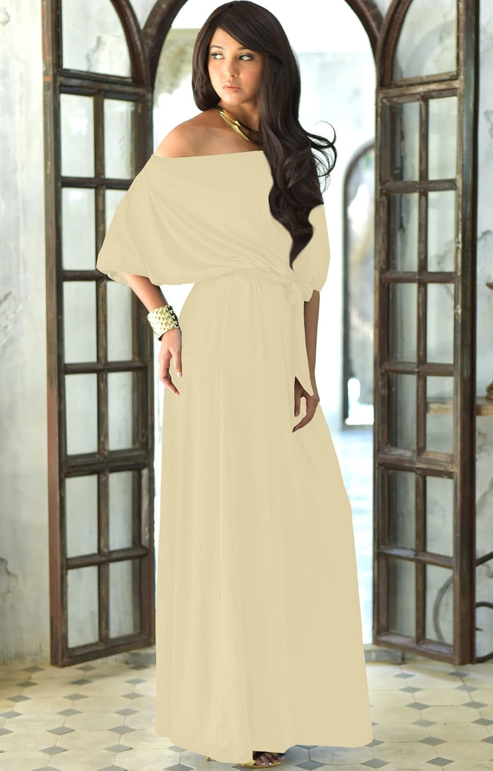 KOH KOH Womens Long Sexy One Shoulder Flowy Casual 3/4 Short Sleeve Maxi Dress image number 5