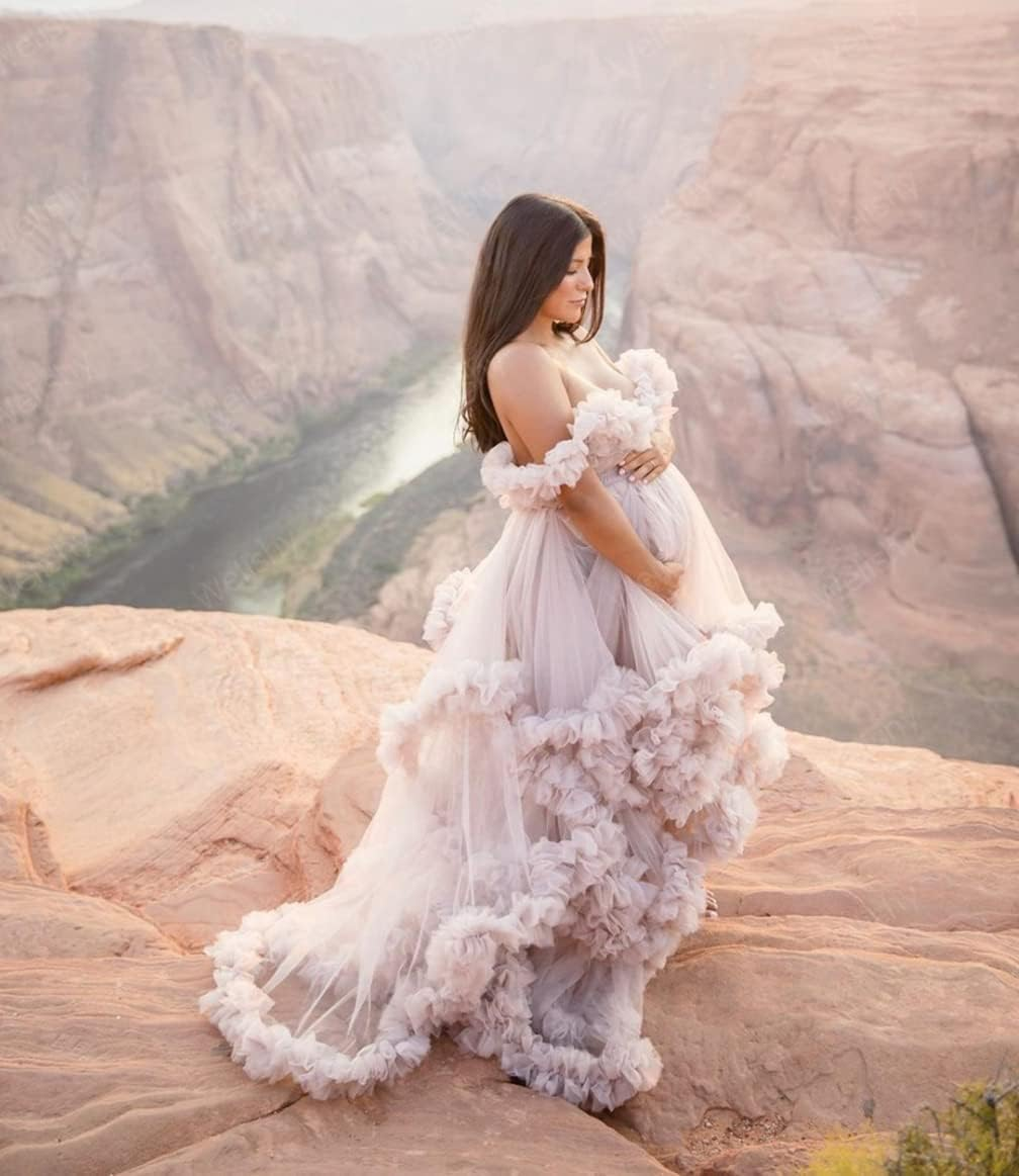 Qqcute Tulle Robe Maternity Dress for Photoshoot Fluffy Ruffle Bridal Lingerie Bathgown Pregnancy Gown Baby Shower Sleepwear image number 2