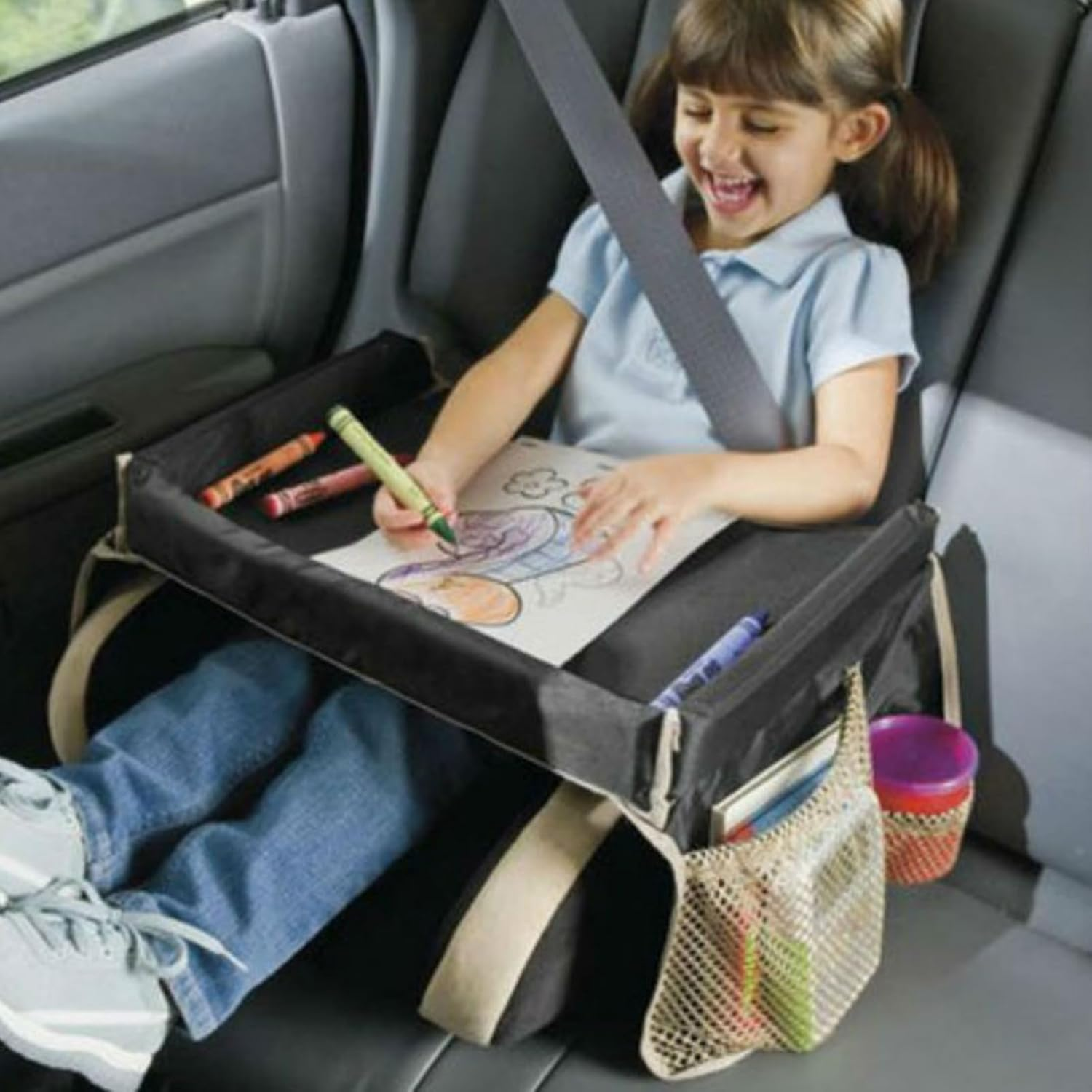 Car Seat Travel Tray | Long Trip Kids Travel Tray for Car Seat | Carseat Table with Pockets Adjustable Straps Foldable Lap Desk Organizer for Children Boys Girls - Black image number 5