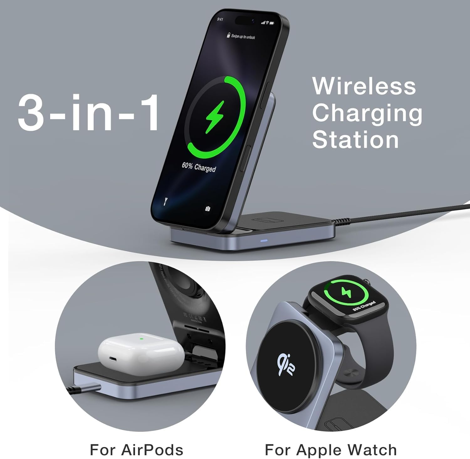 TOUGH on Qi2 3 in 1 Wireless Charging Station for Apple, Qi2 15W Wireless Charger for Iphone, Compatible Magsafe Wireless Charger Stand for Multiple Devices Iphone 16/15/14/13/12, Apple Watch, Airpods image number 2
