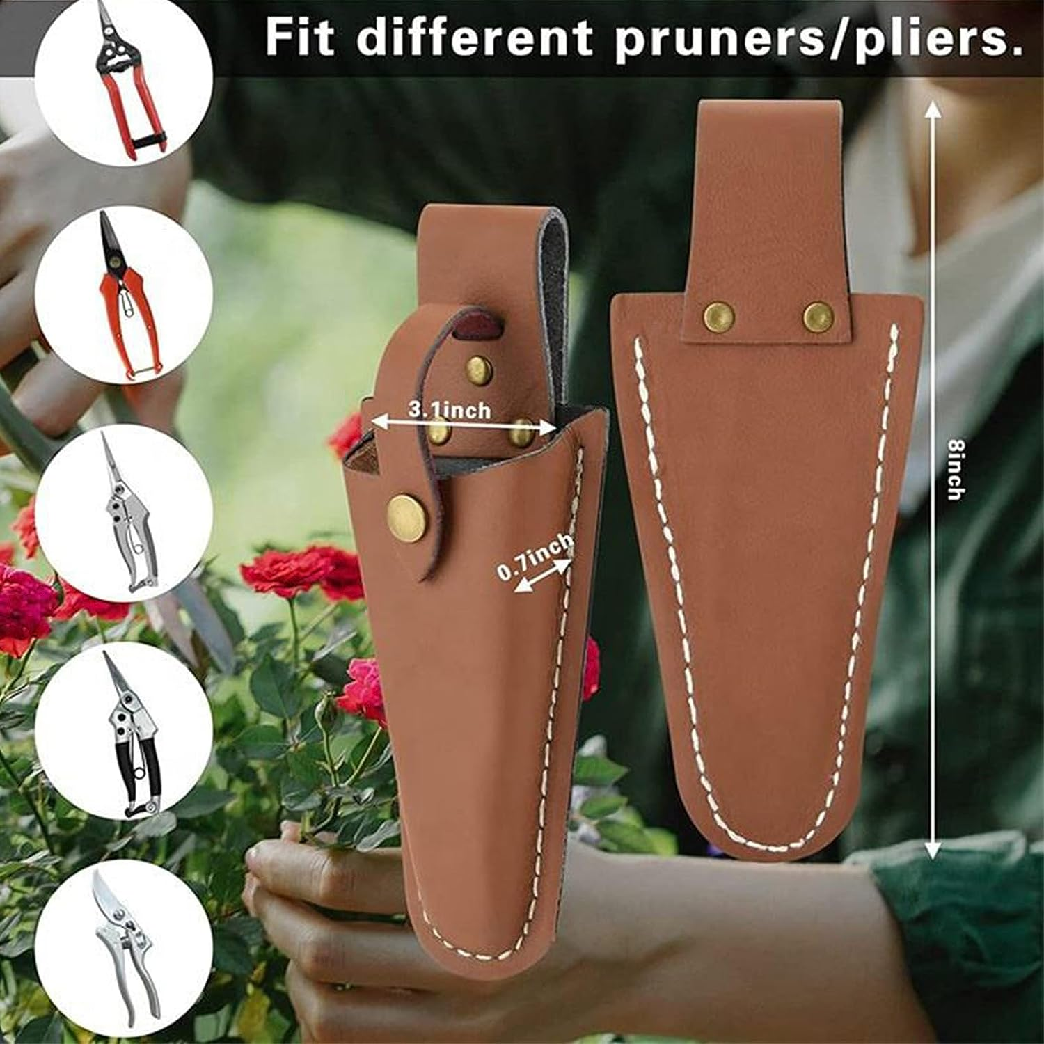 Leather Holster for Pruning Shears-Pruner Holder-Garden Tool Leather Hand Pruner Sheath Garden Pliers Scissors Holder with Snap-2 Pack image number 3