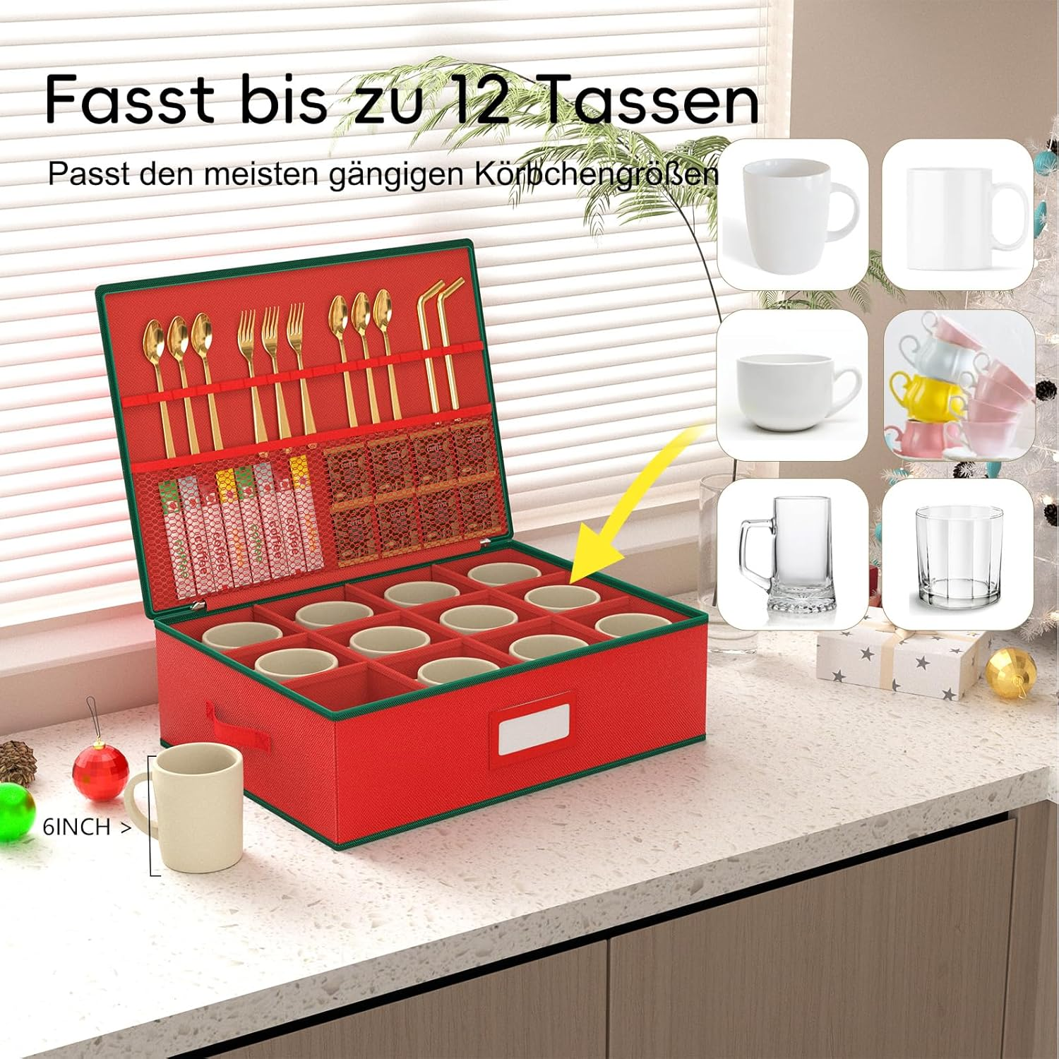 VERONLY Christmas Mug Storage Box Organiser - Stackable Hard Case Box with Dividers, Mesh Bag, Lid, Handles, for 12 Cups in Cupboard, Christmas Decoration (Red) image number 5