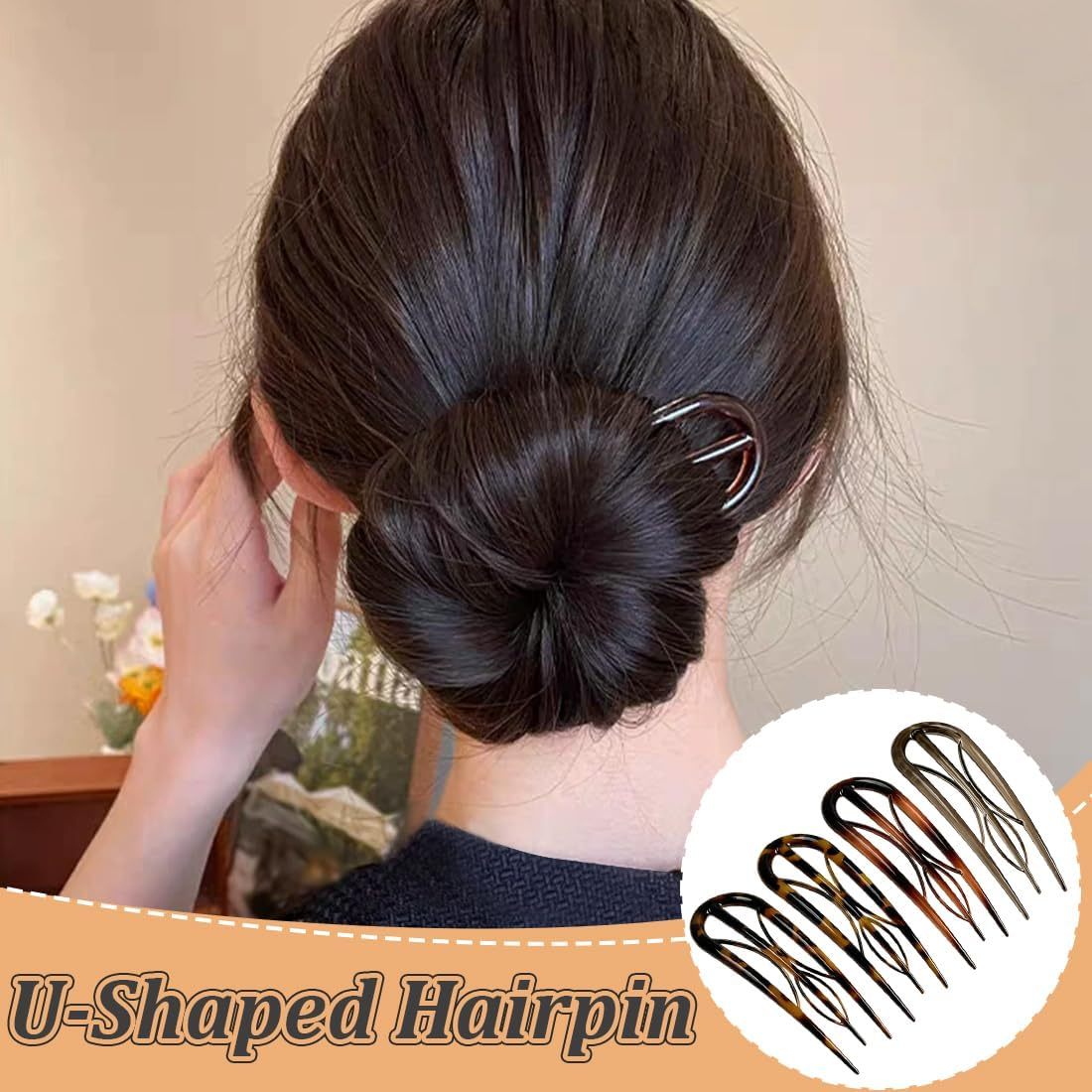 Pack of 4 U-Shaped Hair Pins, French Hair Clips, Large Resin, Double Insert, U-Shaped Hair Clips, Vintage Hairpin Clip image number 2
