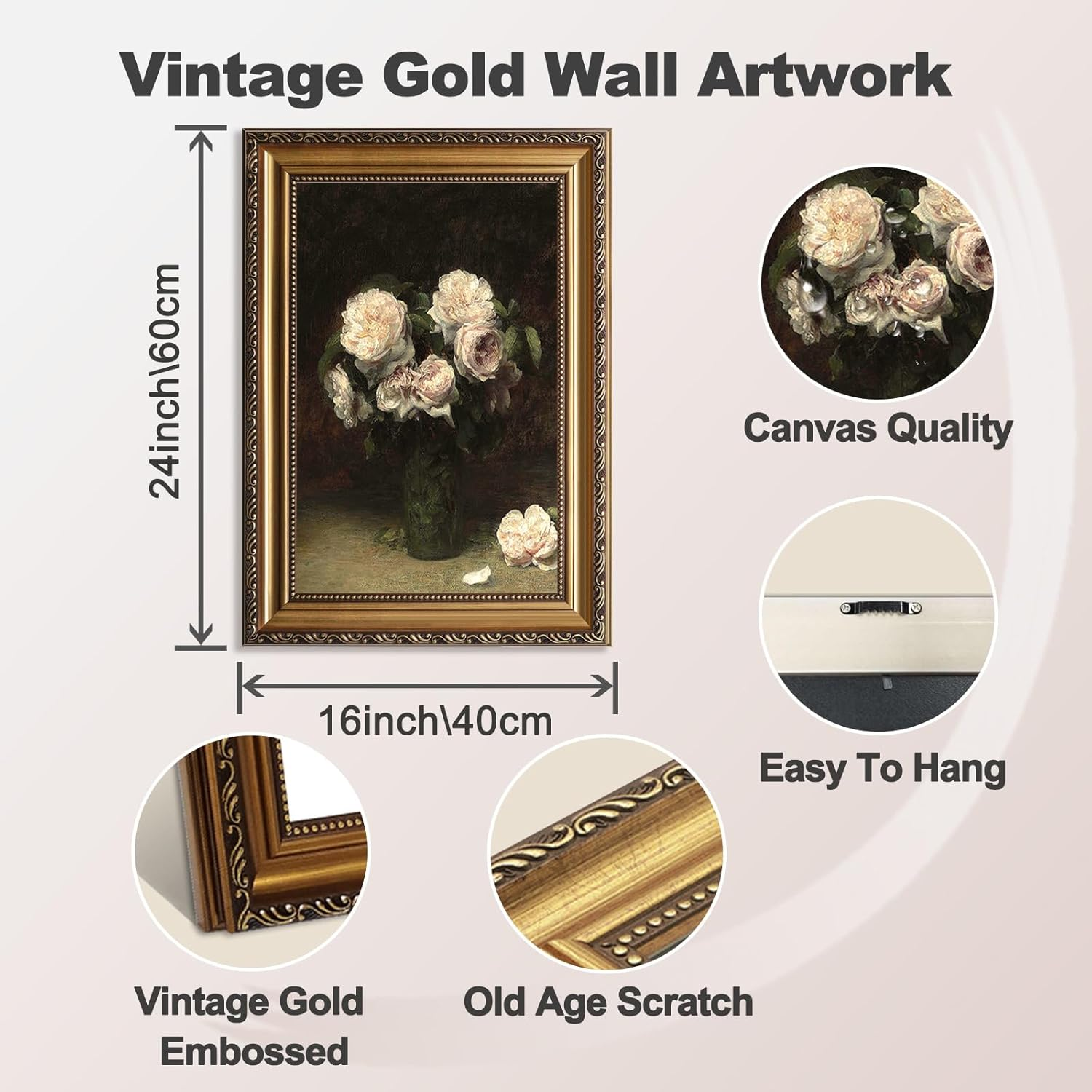 ASTRDECOR Vintage Floral Wall Art, Gold Framed Canvas Wall Art Moody Dark Roses Painting, Vintage Flower Art Print for Kitchen Bedroom Bathroom Wall Decor, French Country Decor - 16" X 24" image number 1