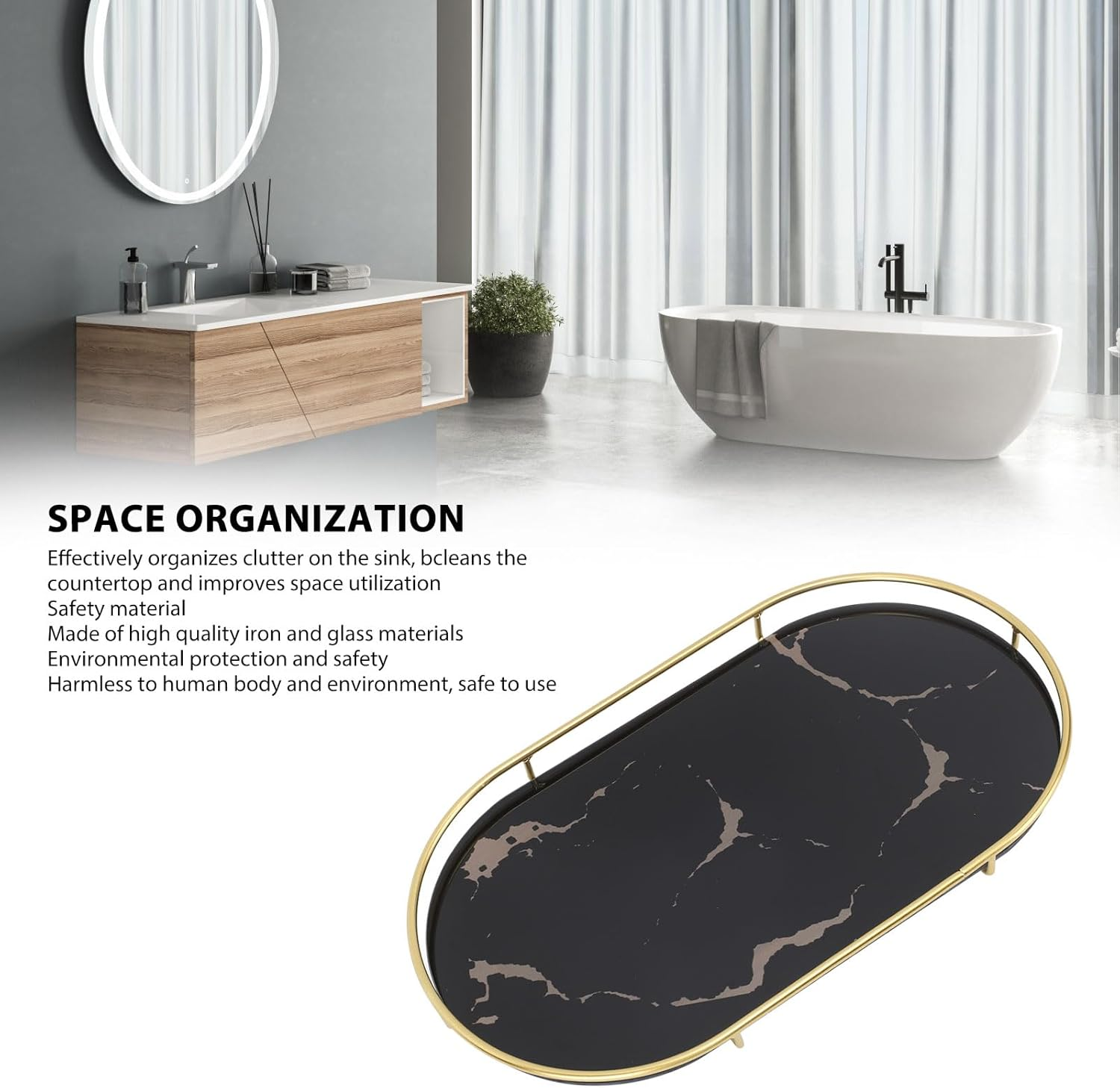 Bathroom Storage Tray Light Luxury Decorative, Golden Texture Oval Bathroom Organiser Tray for Soap Towel Paper Napkins Jewellery Makeup, Bathroom Organiser Tray (Black Base) image number 4