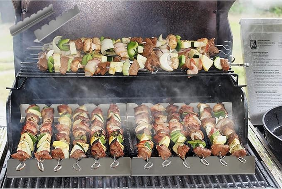 WEZCHUGHAOL Kabob Skewers Rack Set of 2, Stainless Steel Skewers Holder with 9 Notch Compatible with Wood, Bamboo, Round, Metal, Flat Skewers for Grilling, BBQ Grilling Accessories image number 1