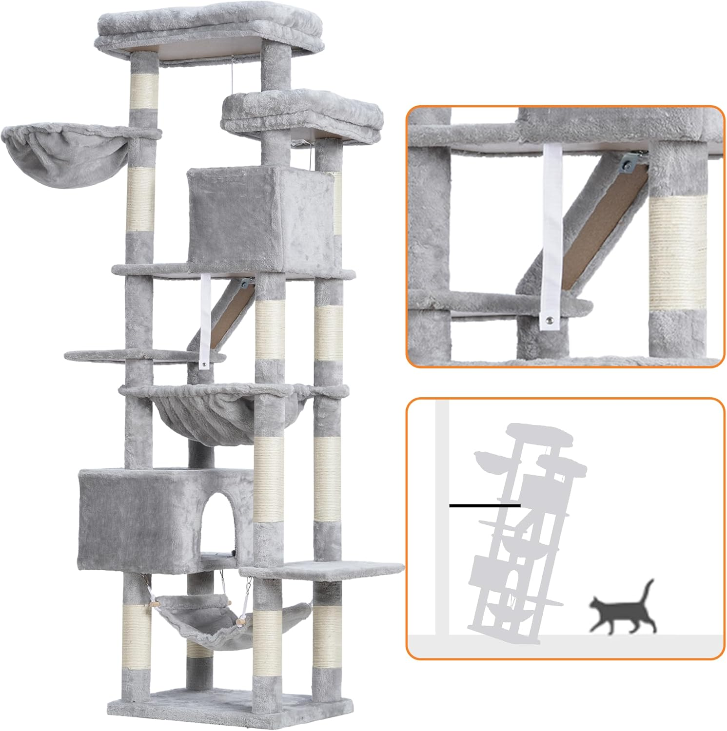 Heybly Cat Tree，71-Inch Tall Tower for Indoor Cats with 2 Perches, 2 Big Condos, 2 Hammocks, Basket, Scratching Pad，Large Cat Furniture and Condo, Light Gray HCT034W image number 5