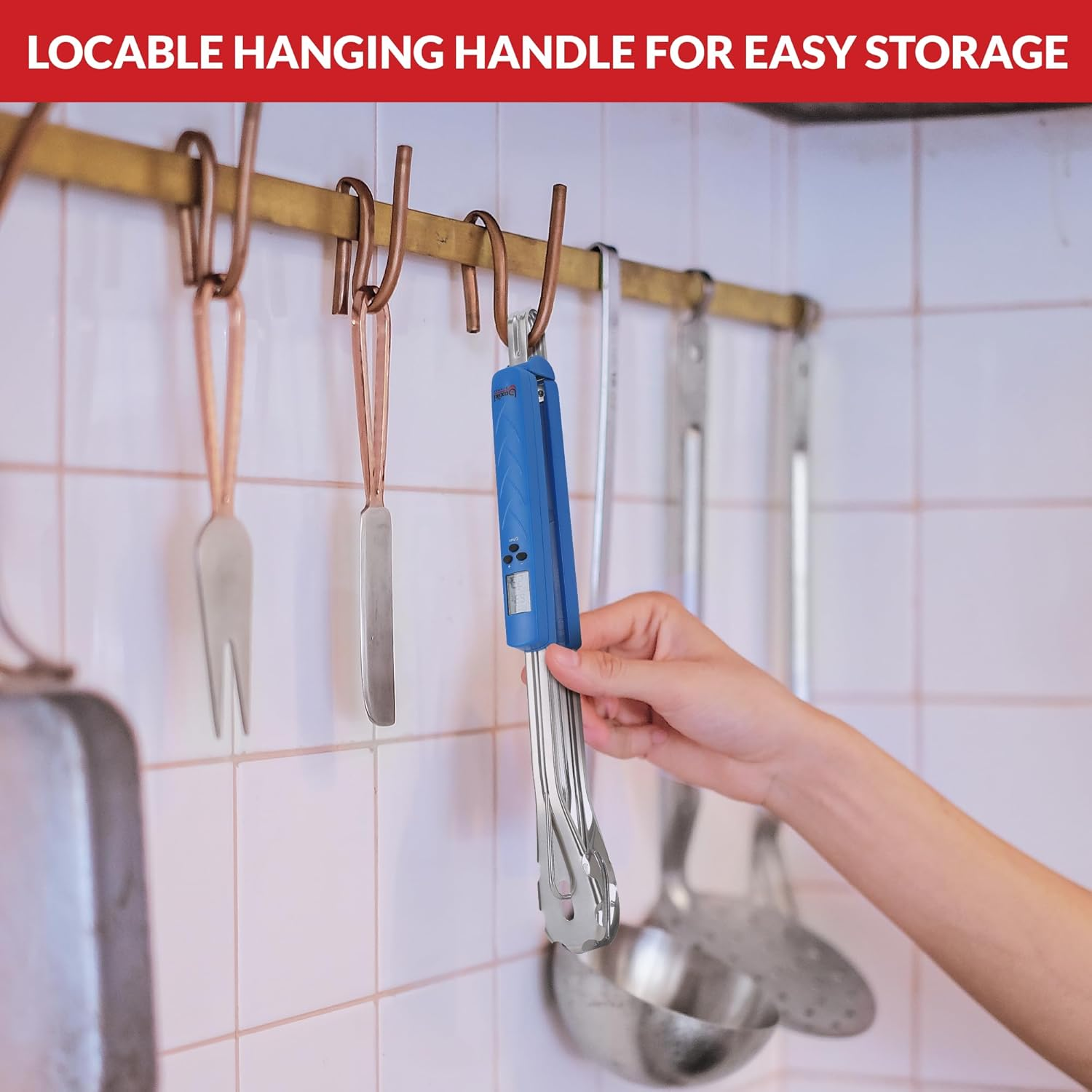 Kitchen Tongs with Thermometer for Instant Read Out - Multifunctional Long Stainless Steel BBQ Tongs for Outdoor Grilling, Cooking, Barbecue, Buffet and Turning Food - Size 15.7 Inch image number 3