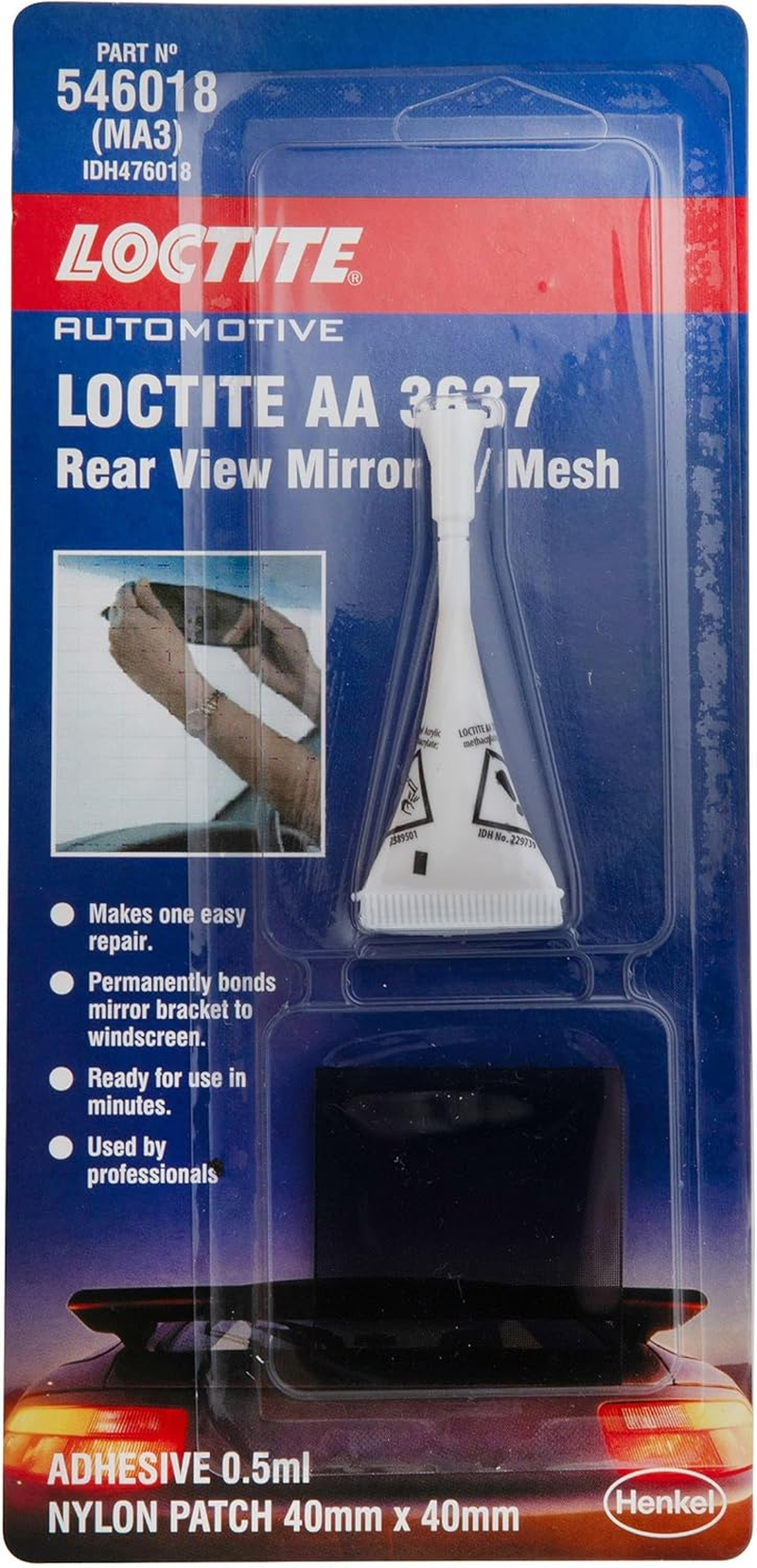 Loctite AA 3637 Rear View Mirror Adhesive | Permanent Bonding for Mirror Bracket to Windscreen | Fast-Setting, Includes Mesh for Buttons Greater than 34 X 22 Mm, 0.5 Ml