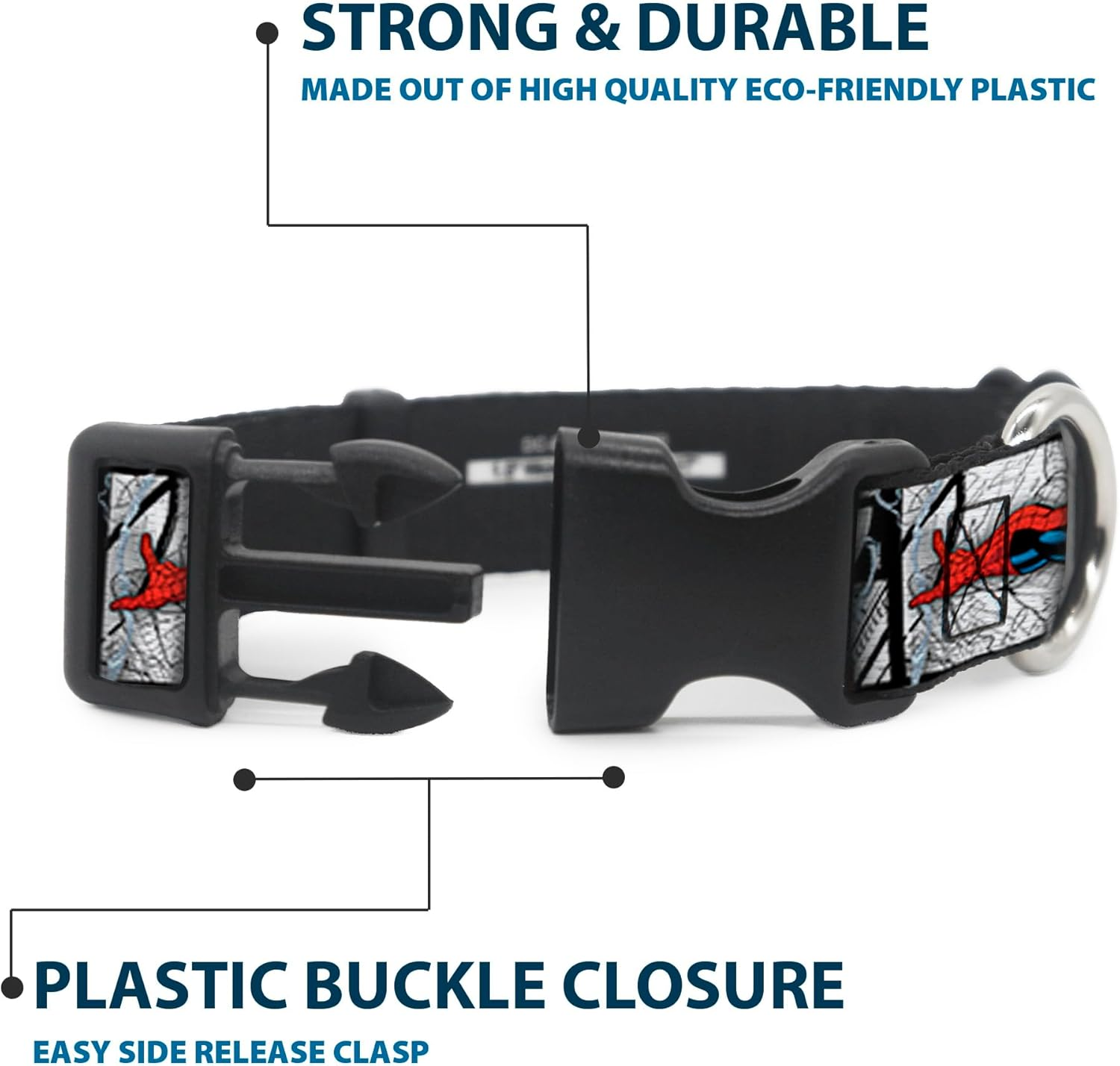 Dog Collar Plastic Clip Spider Man Action Poses Comic Scenes White Black Red 9 to 15 Inches 0.5 Inch Wide image number 1
