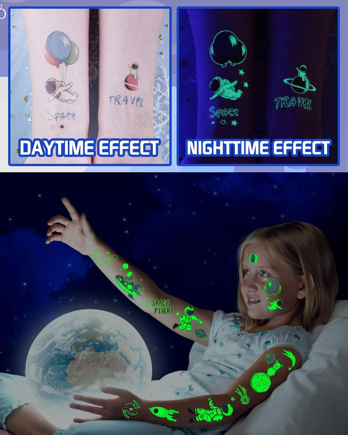 TPZORJX Space Children'S Tattoo, 12 Sheets Luminous Tattoos Children, Skin-Friendly Tattoos for Space Party Bags Children'S Birthday, Small Gifts, Toy