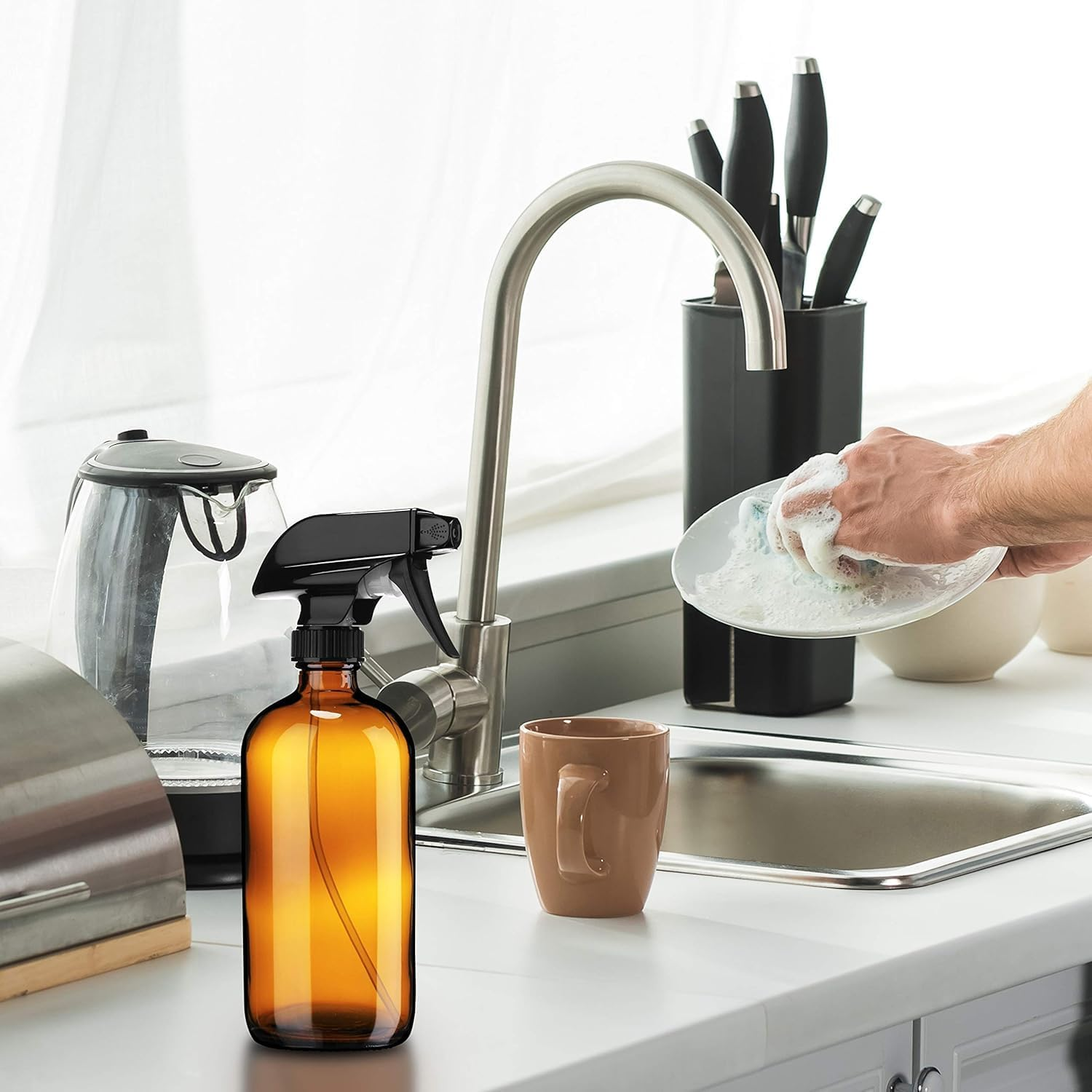 Empty Amber Glass Spray Bottles with Labels (2 Pack) - 16Oz Refillable Container for Essential Oils, Cleaning Products, or Aromatherapy - Durable Black Trigger Sprayer W/Mist and Stream Settings image number 4