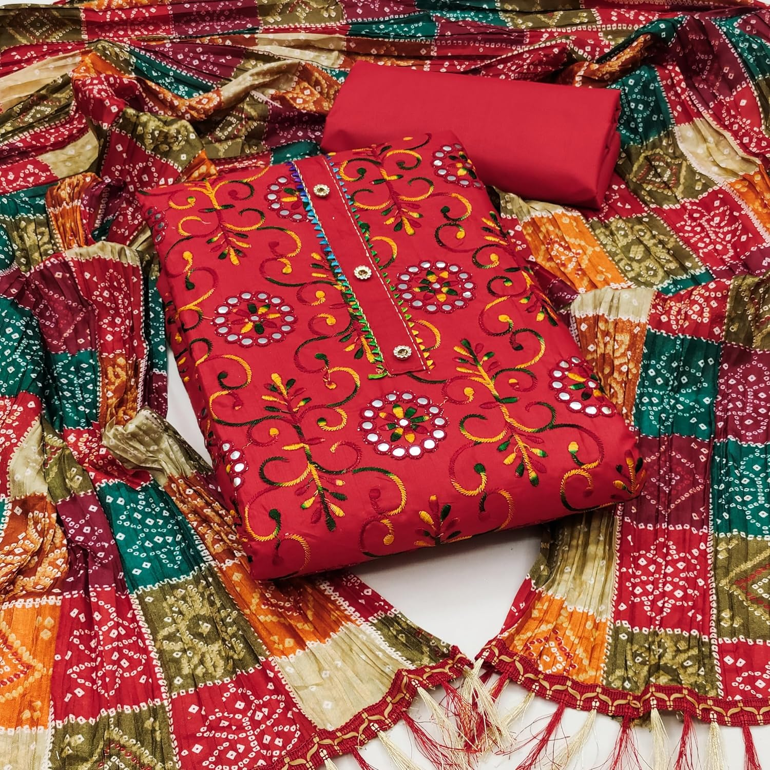 Sidhidata Women'S Poly Cotton Embroidery Work Unstitched Salwar Suit Dress Material with Bandhej/Bandhani Print Dupatta (Free Size)