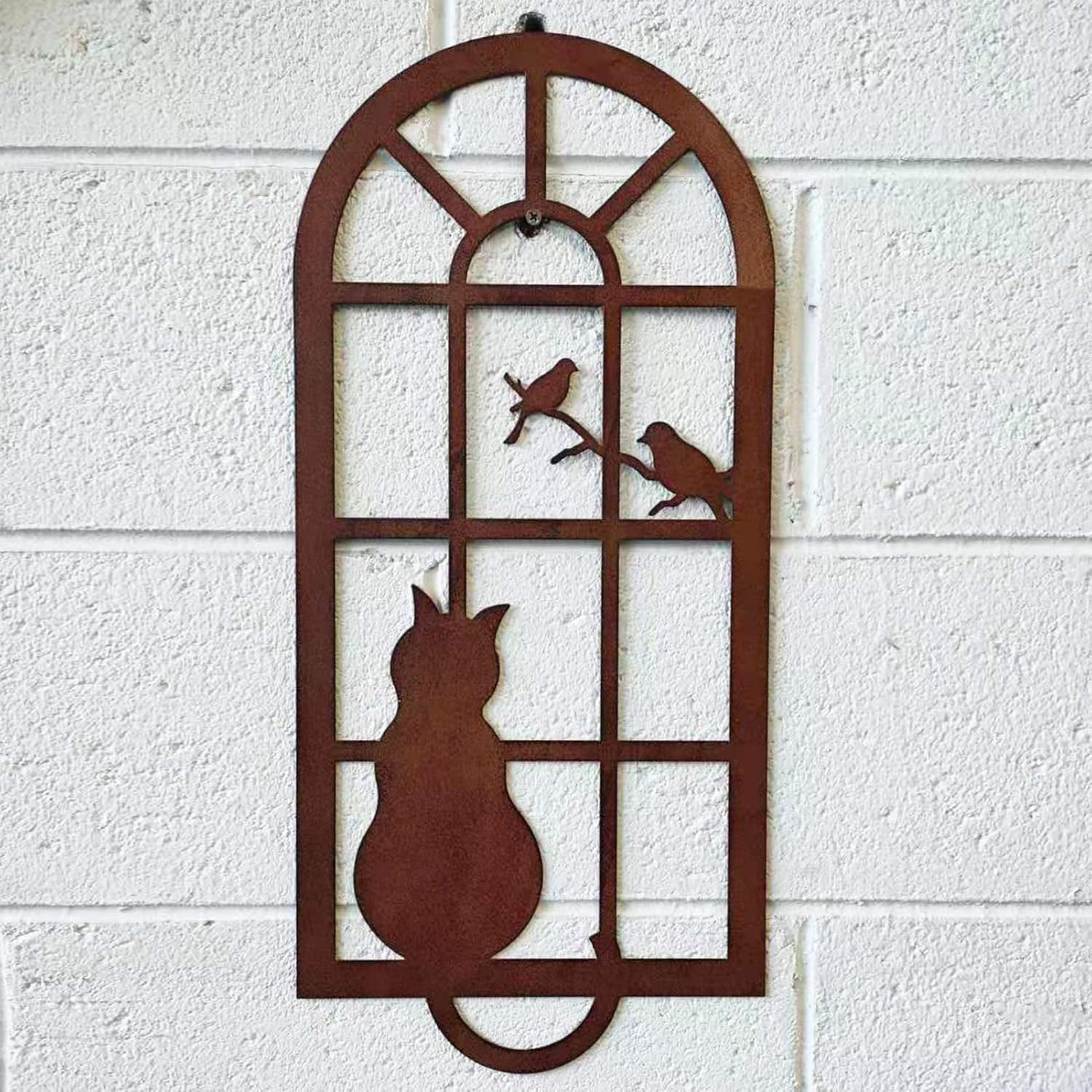 Cat Metal Wall Art Outdoor 22 Inch Bird and Cat Garden Distressed Window Statues, Metal Wall Decor with Frame, Iron Animal Garden Wall Ornament for Home Yard Front Door 56Cm image number 1